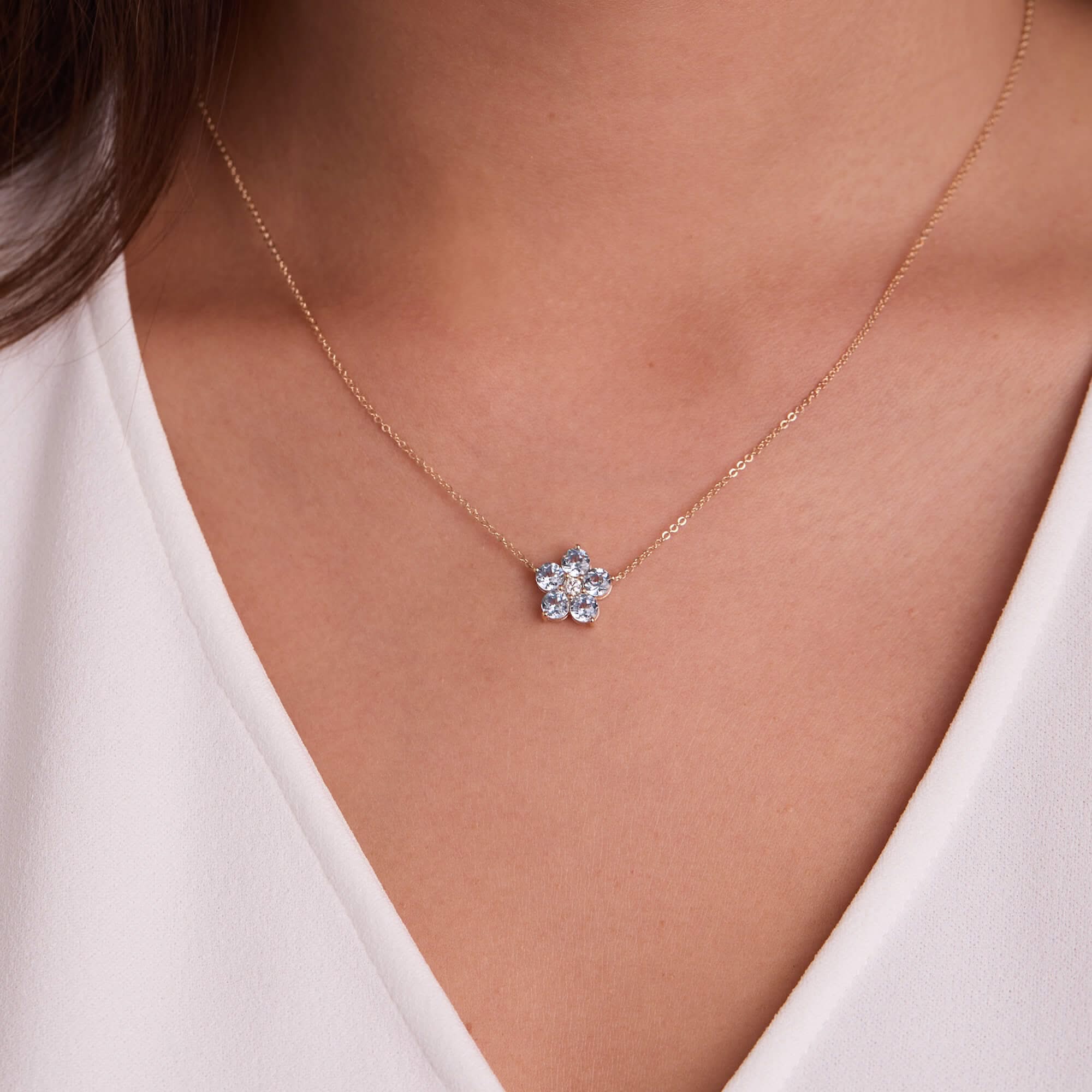 Greenwich Flower Aquamarine & Diamond Necklace and Earrings Set in 14k Gold (March) - Image 3
