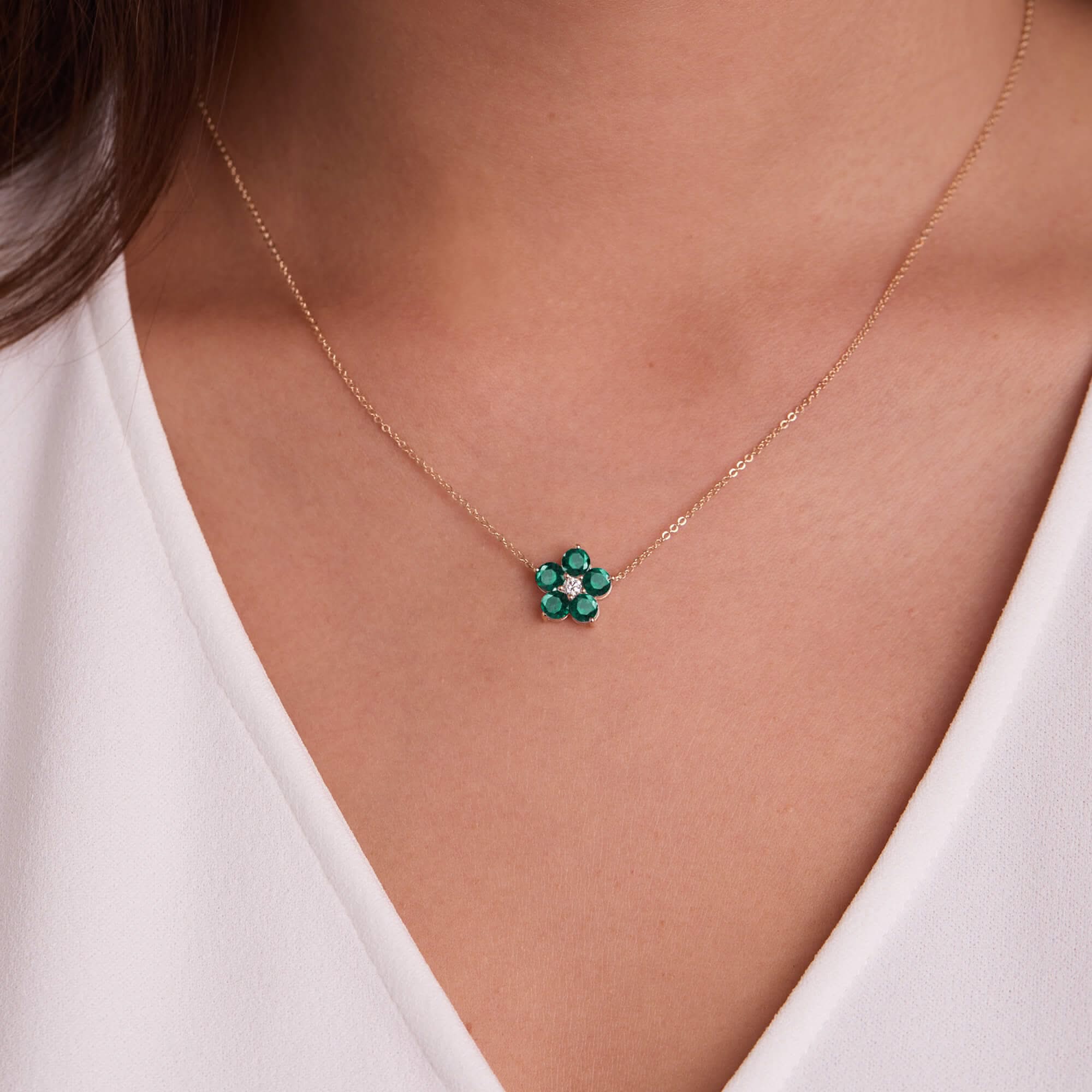 Greenwich Flower Emerald & Diamond Necklace in 14k Gold (May) - Image 3