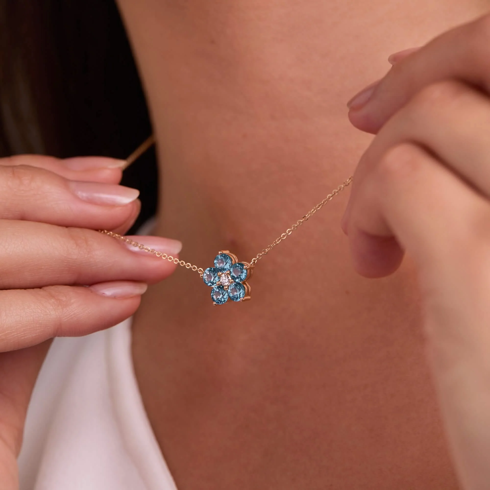 Greenwich Flower Nantucket Blue Topaz & Diamond Necklace and Earrings Set in 14k Gold (December) - Image 10