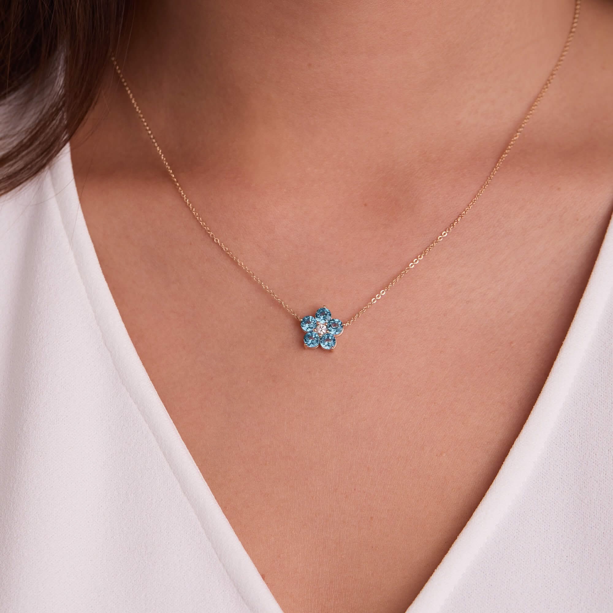 Greenwich Flower Nantucket Blue Topaz & Diamond Necklace and Earrings Set in 14k Gold (December) - Image 6