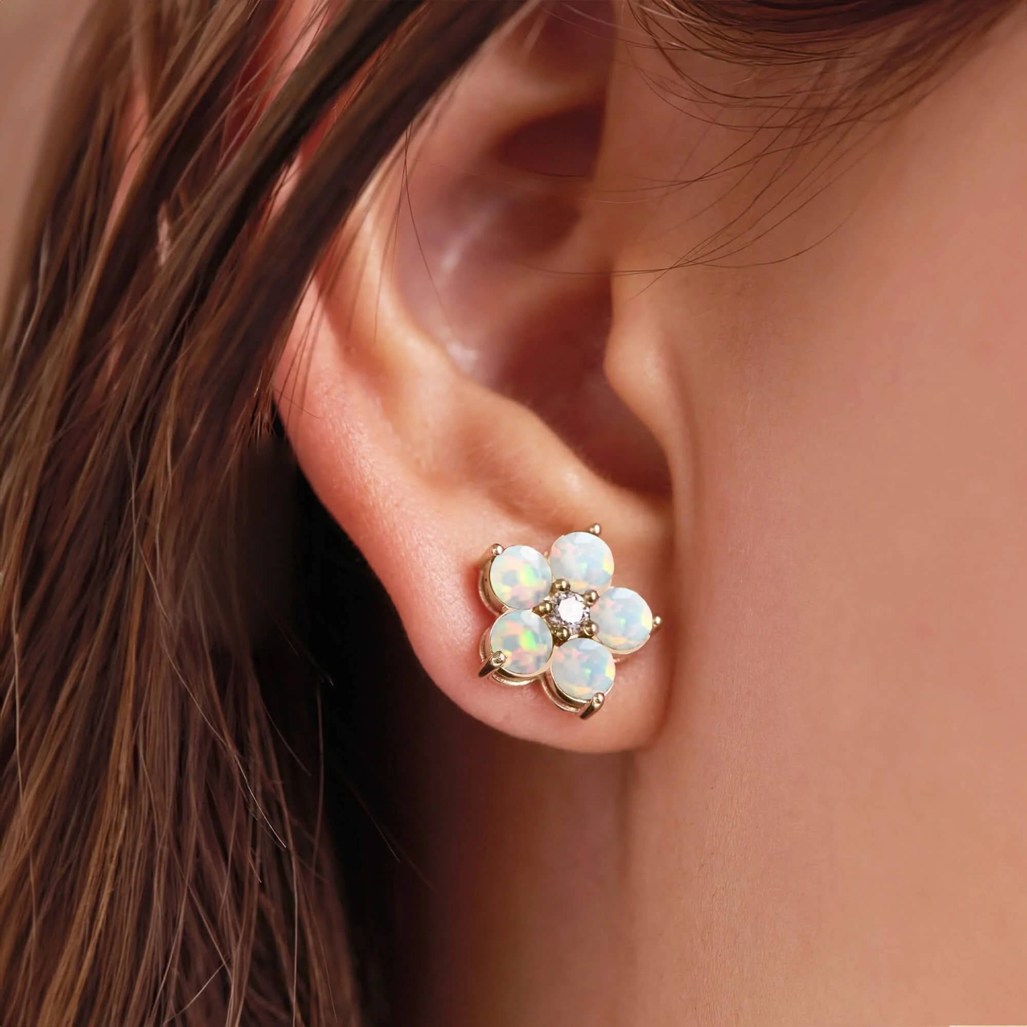 Greenwich Flower Opal & Diamond Earrings in 14k Gold (October) - Image 6