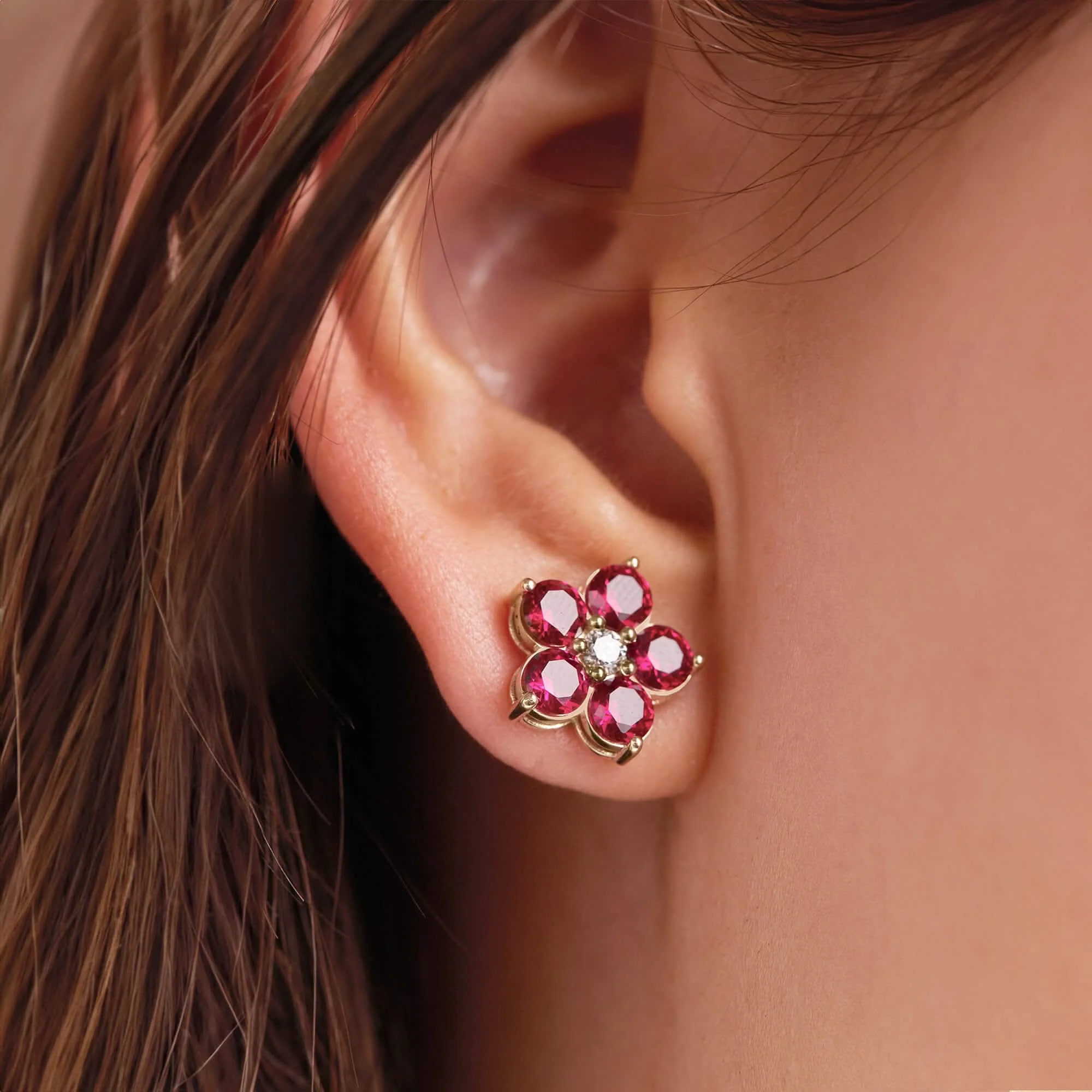 Greenwich Flower Ruby & Diamond Earrings in 14k Gold (July) - Image 6