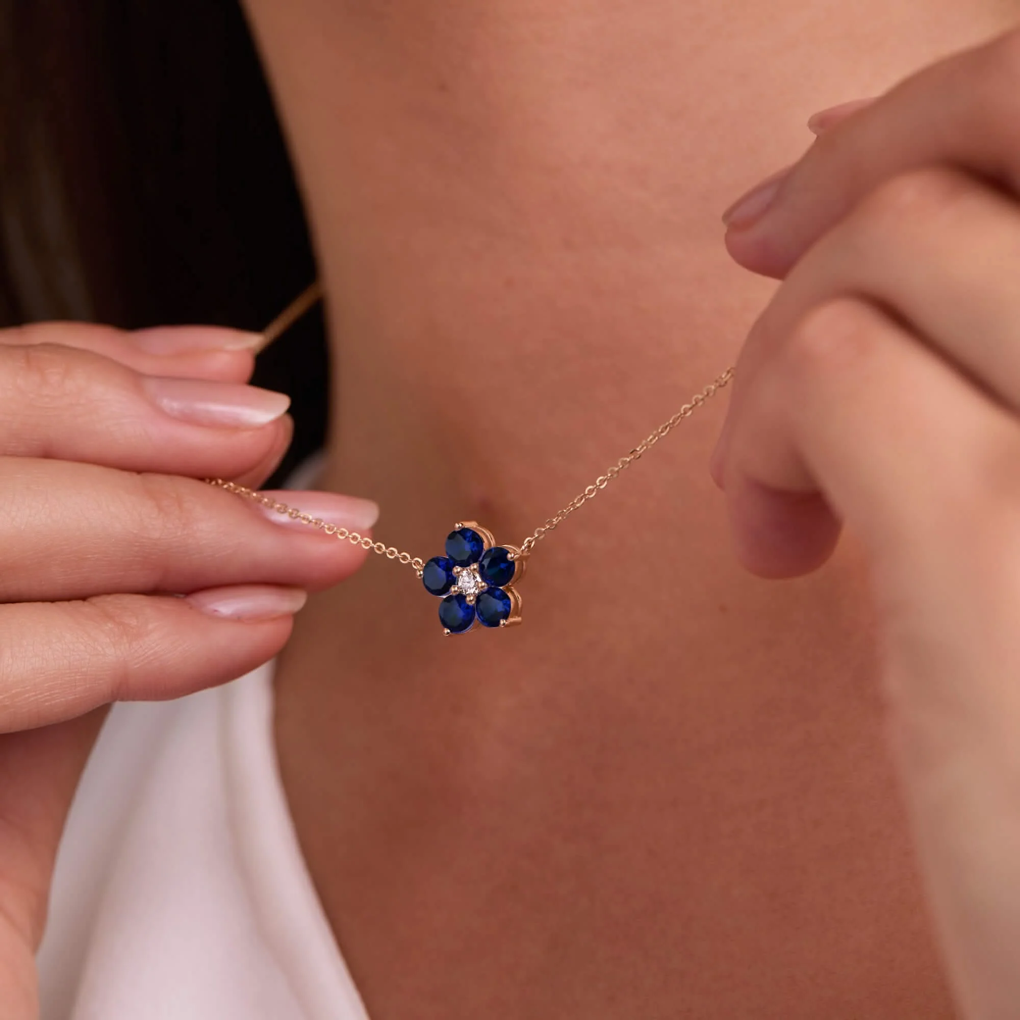 Greenwich Flower Sapphire & Diamond Necklace in 14k Gold (September) - Image 6
