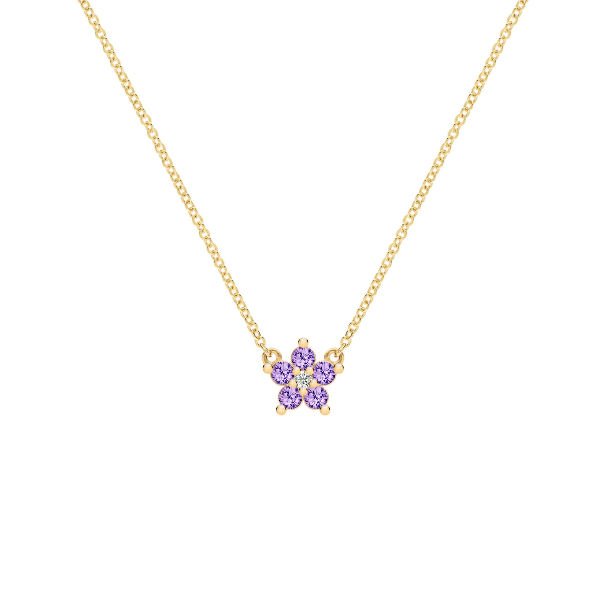 Greenwich Mini Flower Amethyst & Diamond Necklace in 14k Gold (February)