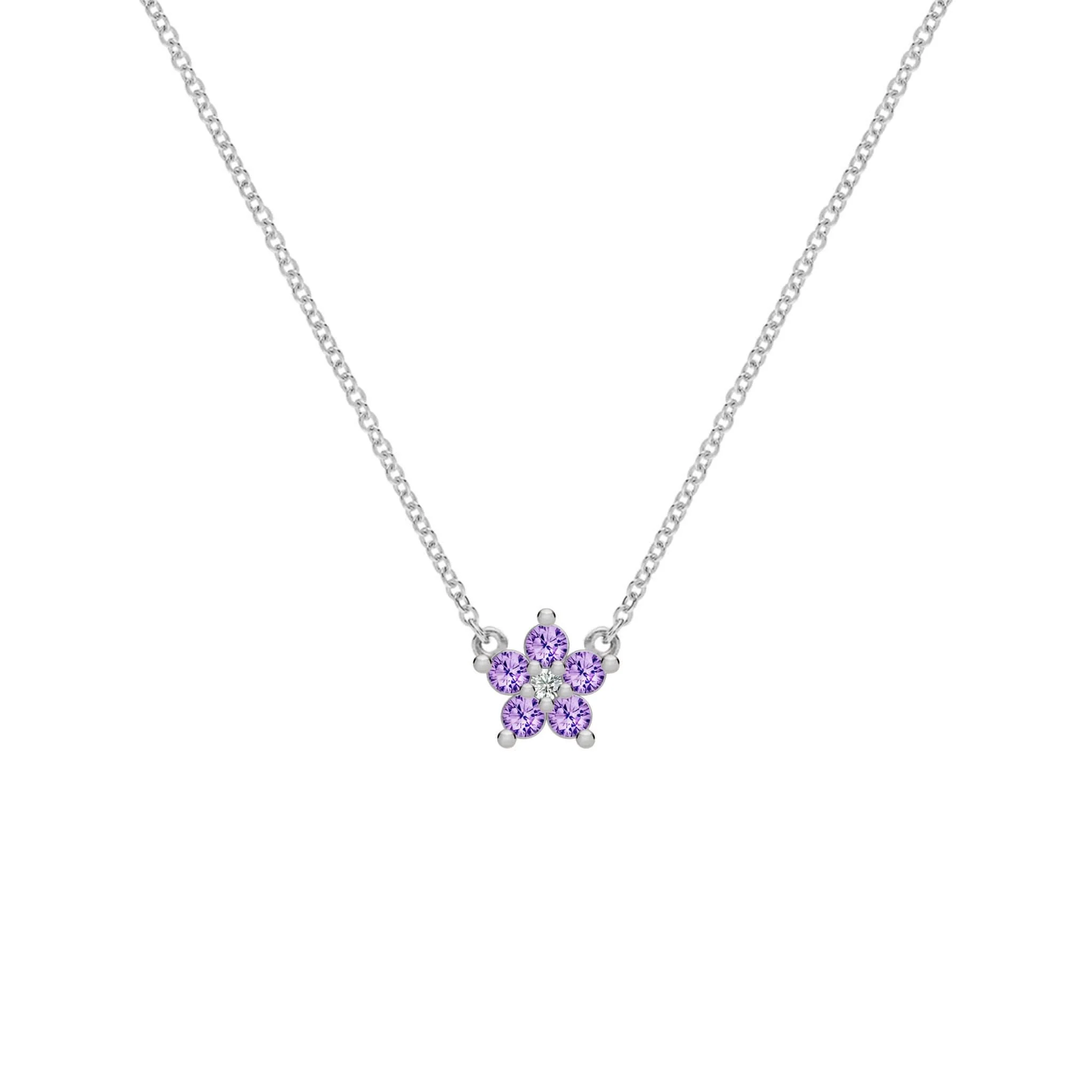 Greenwich Mini Flower Amethyst & Diamond Necklace in 14k Gold (February) - Image 5