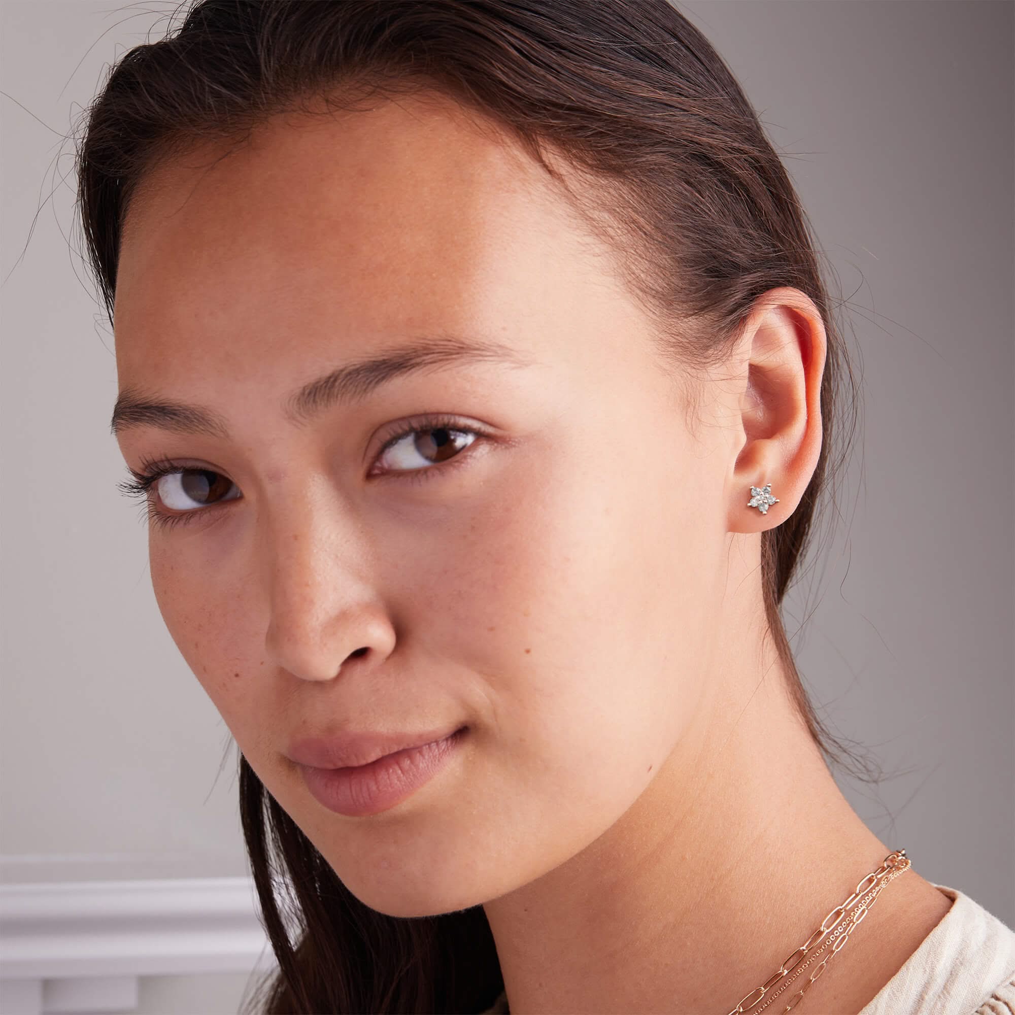 Greenwich Mini Flower Diamond Earrings in 14k Gold (April) - Image 3