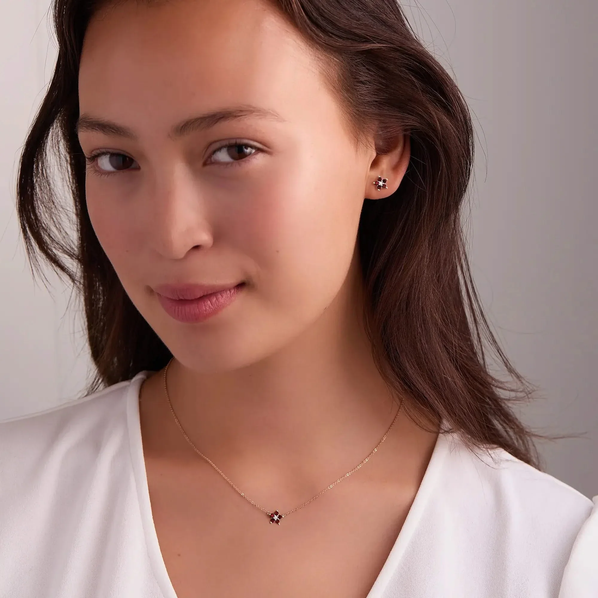 Greenwich Mini Flower Garnet & Diamond Earrings in 14k Gold (January) - Image 2