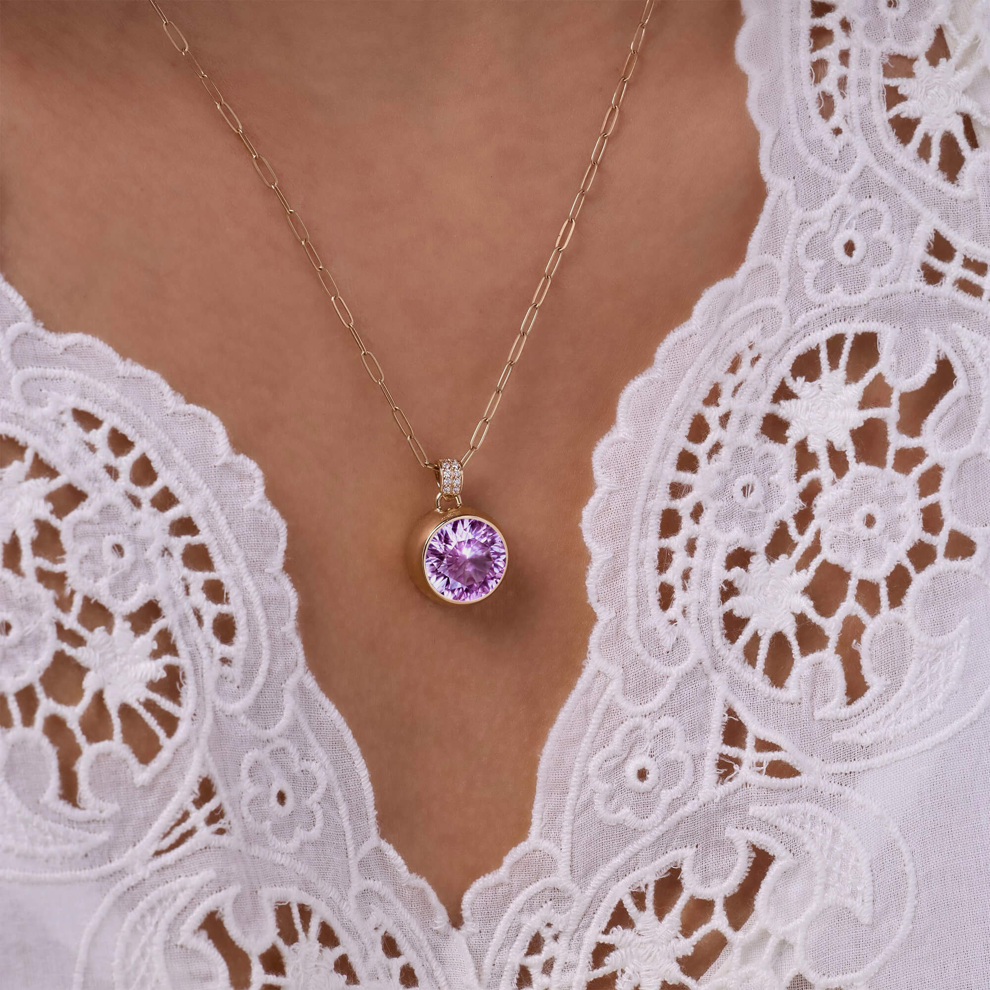 Jamestown Pink Sapphire Pendant with Diamond Bail in 14k Gold (October) - Image 3