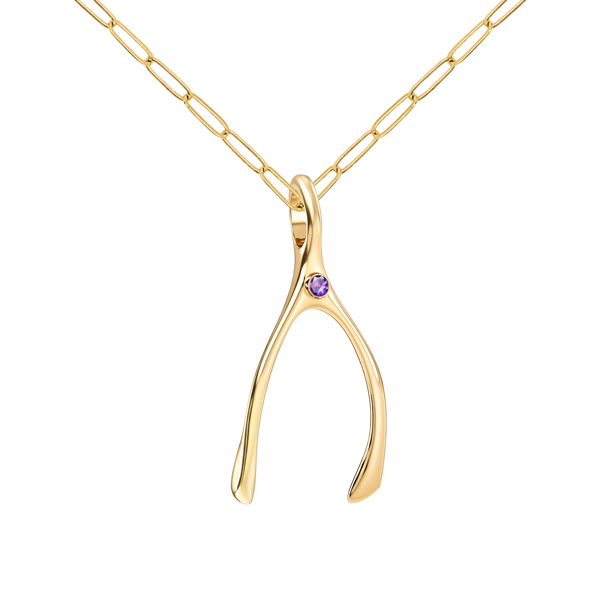 Large Amethyst Wishbone Pendant in Solid 14k Gold (February) - Image 4