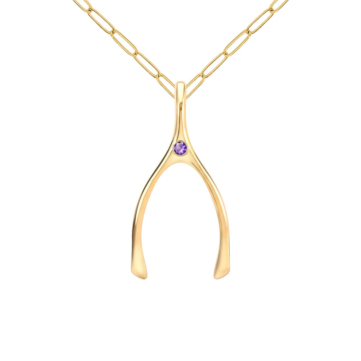Large Amethyst Wishbone Pendant in Solid 14k Gold (February) - Image 9