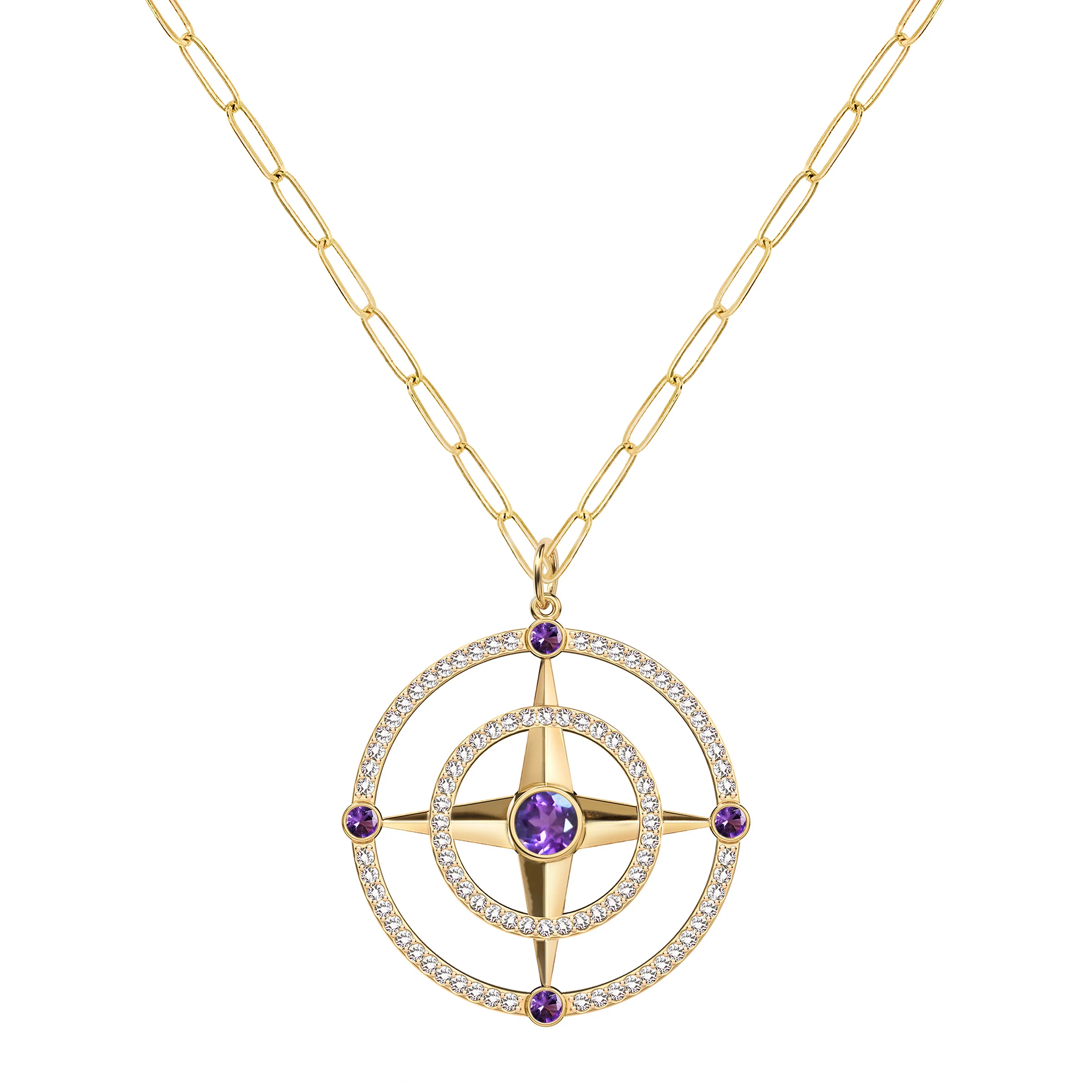 Large Compass Amethyst & Diamond Pendant in 14k Gold (February) - Image 5