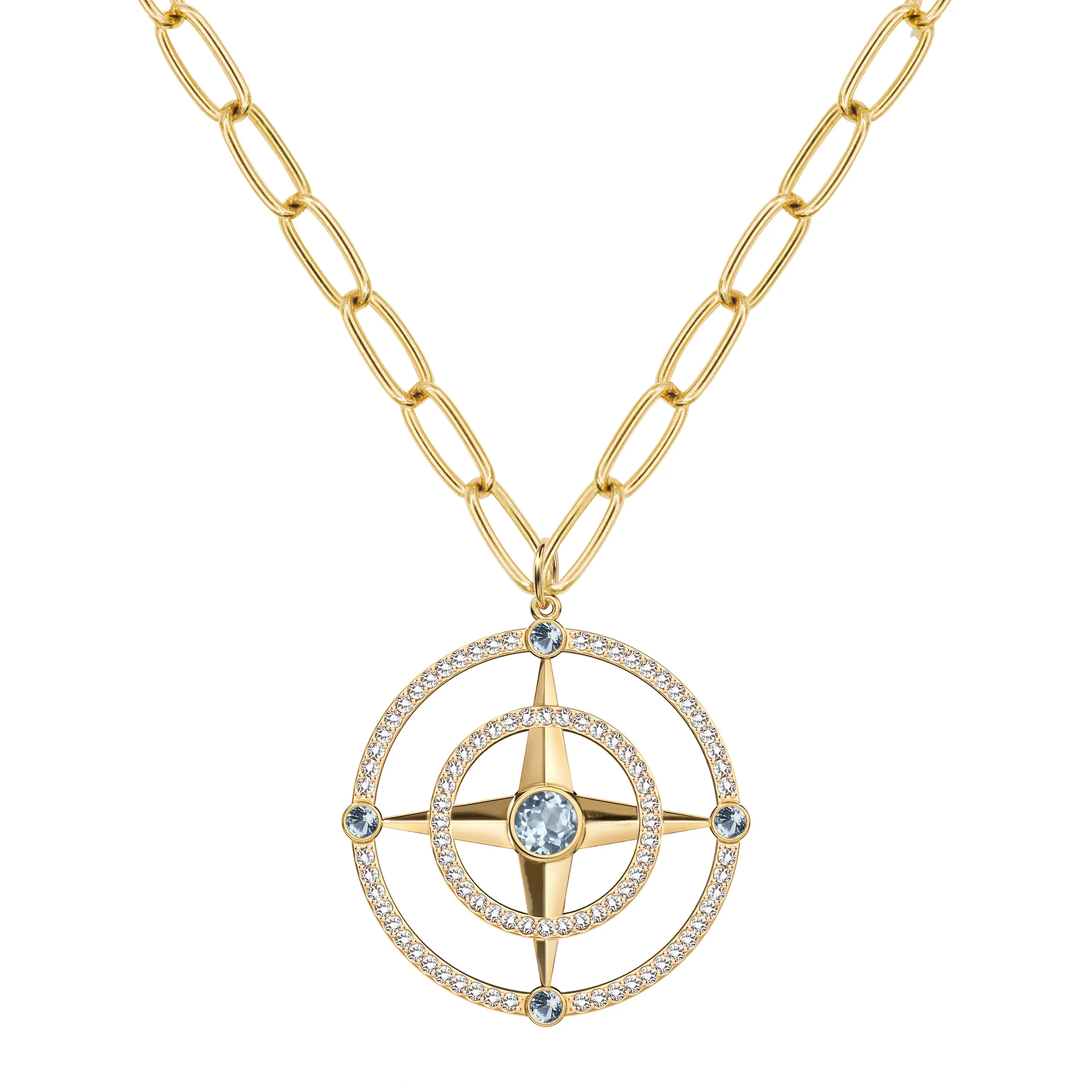 Large Compass Aquamarine & Diamond Pendant in 14k Gold (March) - Image 7