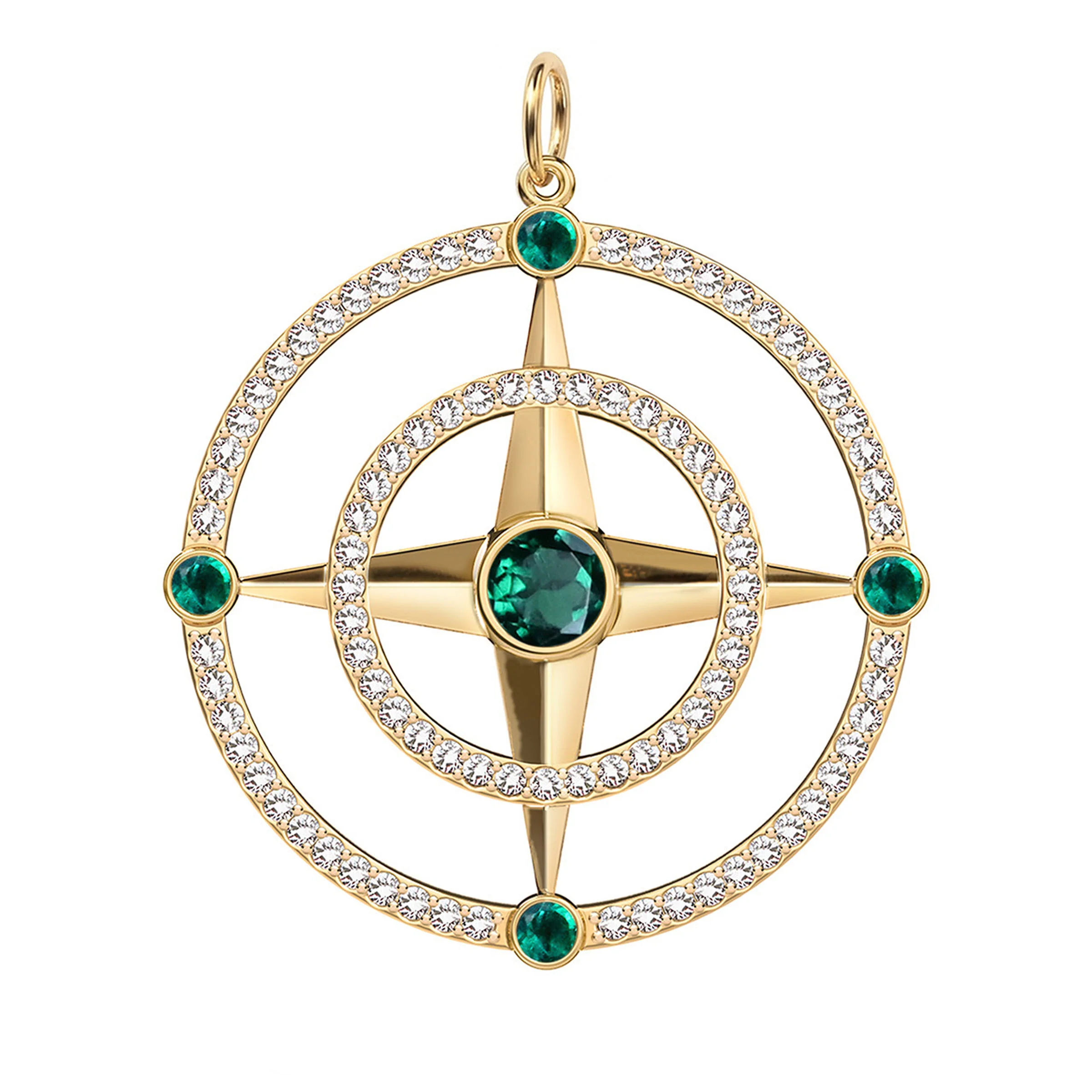 Large Compass Emerald & Diamond Pendant in 14k Gold (May)