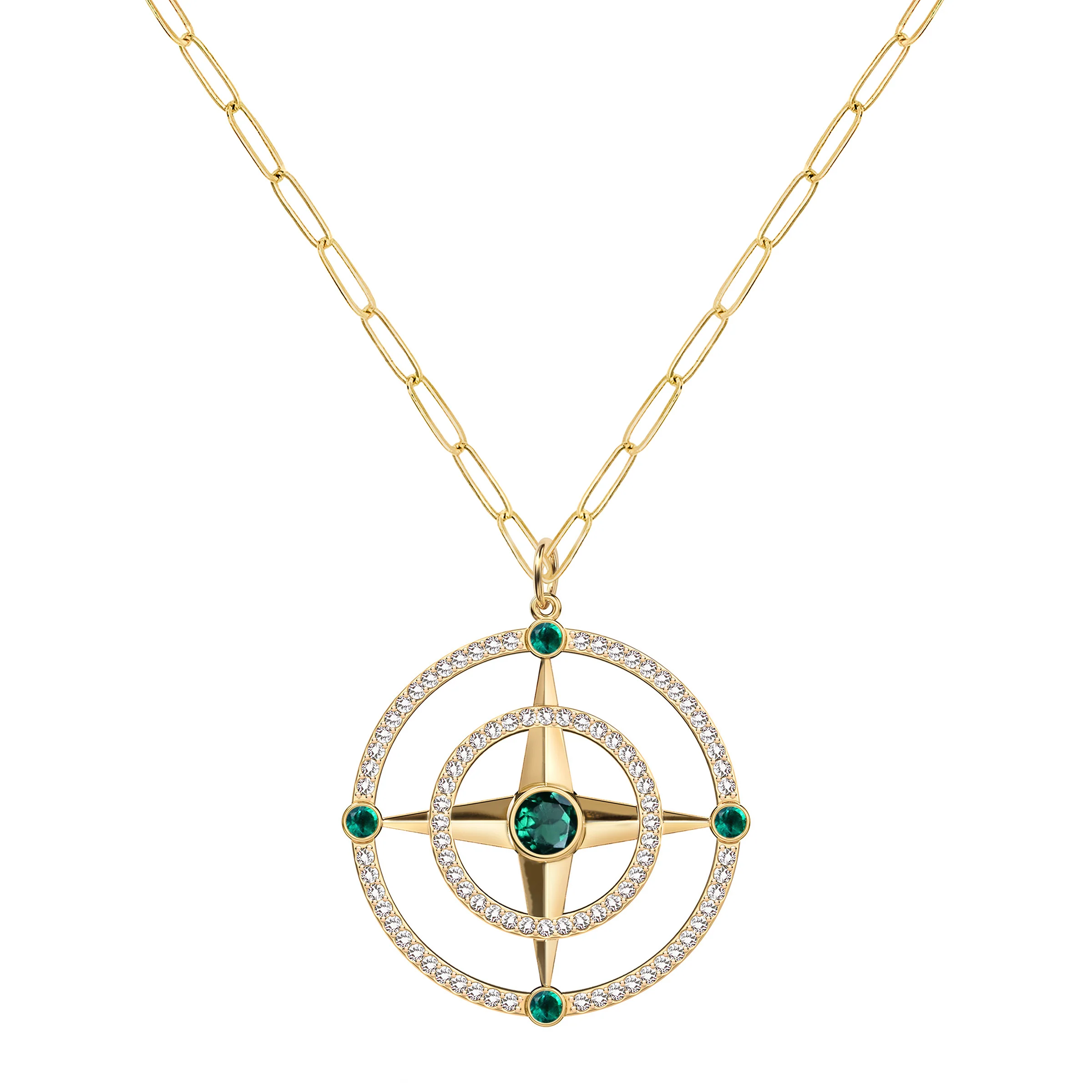 Large Compass Emerald & Diamond Pendant in 14k Gold (May) - Image 5