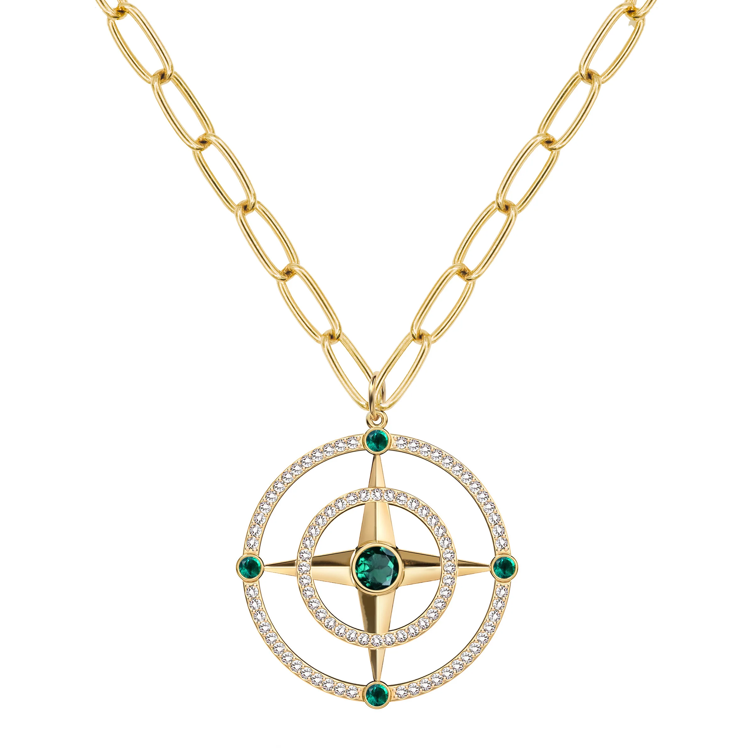 Large Compass Emerald & Diamond Pendant in 14k Gold (May) - Image 7