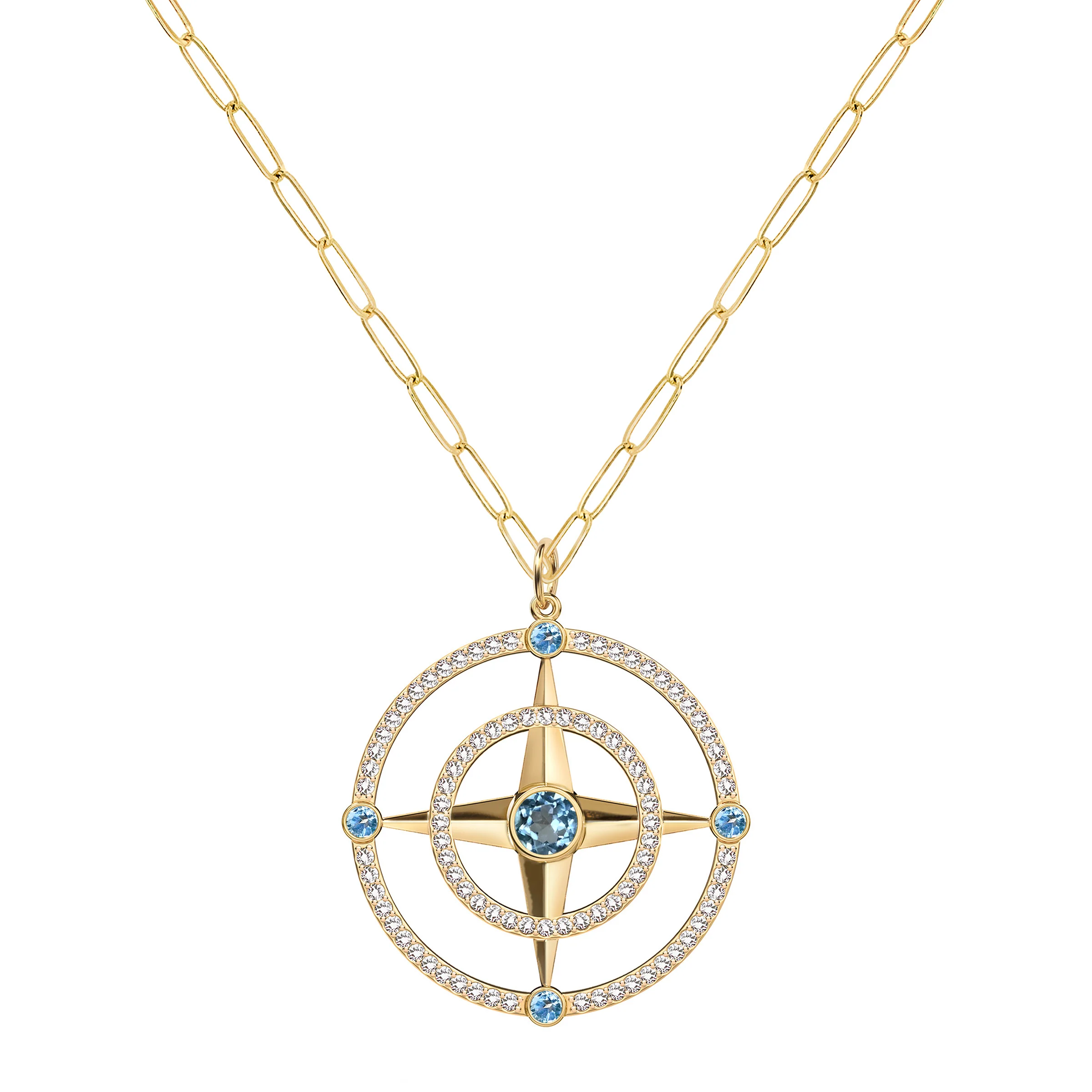 Large Compass Nantucket Blue Topaz & Diamond Pendant in 14k Gold (December) - Image 5