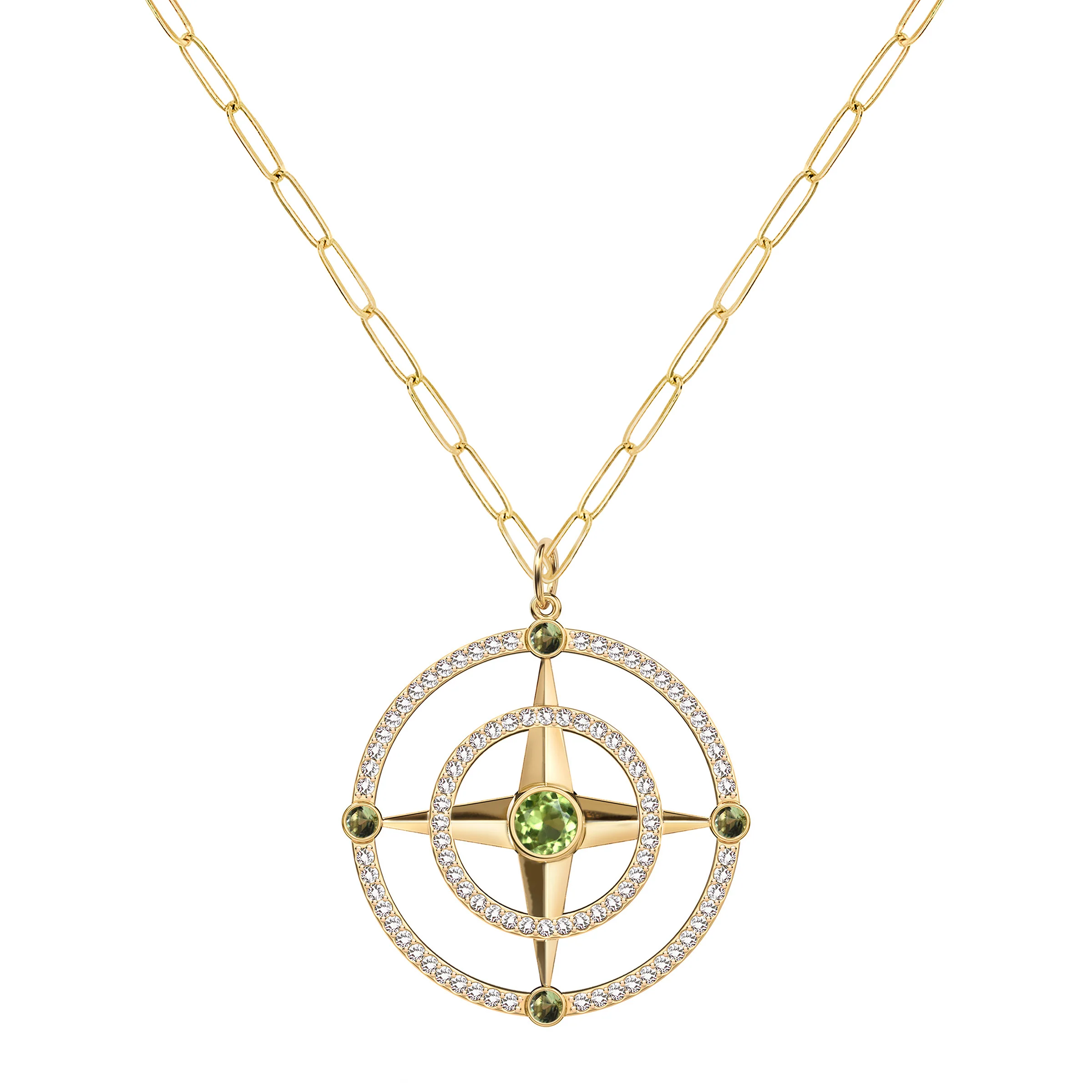 Large Compass Peridot & Diamond Pendant in 14k Gold (August) - Image 5
