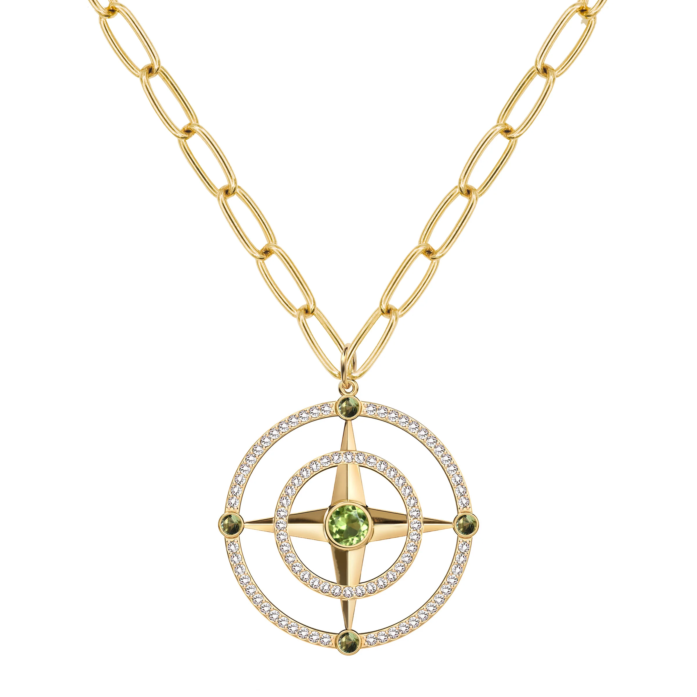 Large Compass Peridot & Diamond Pendant in 14k Gold (August) - Image 7