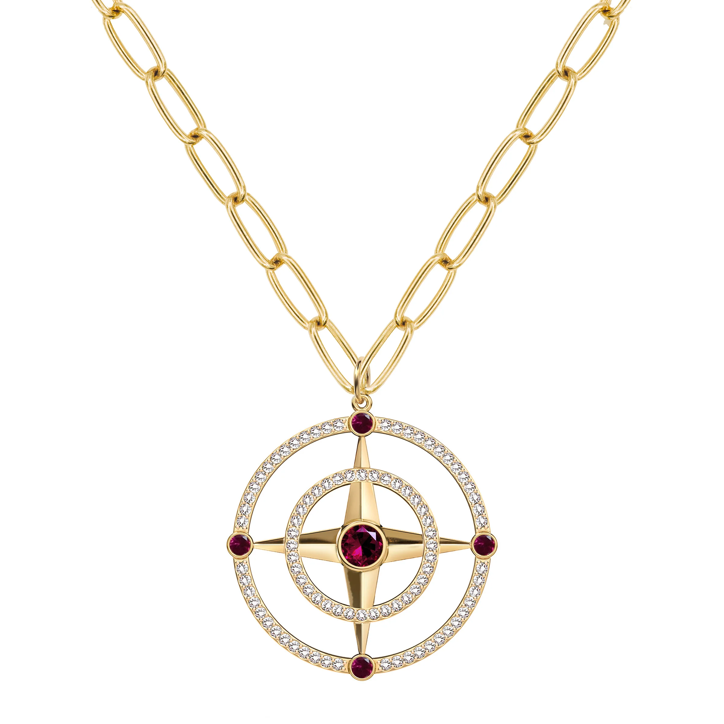 Large Compass Ruby & Diamond Pendant in 14k Gold (July) - Image 7