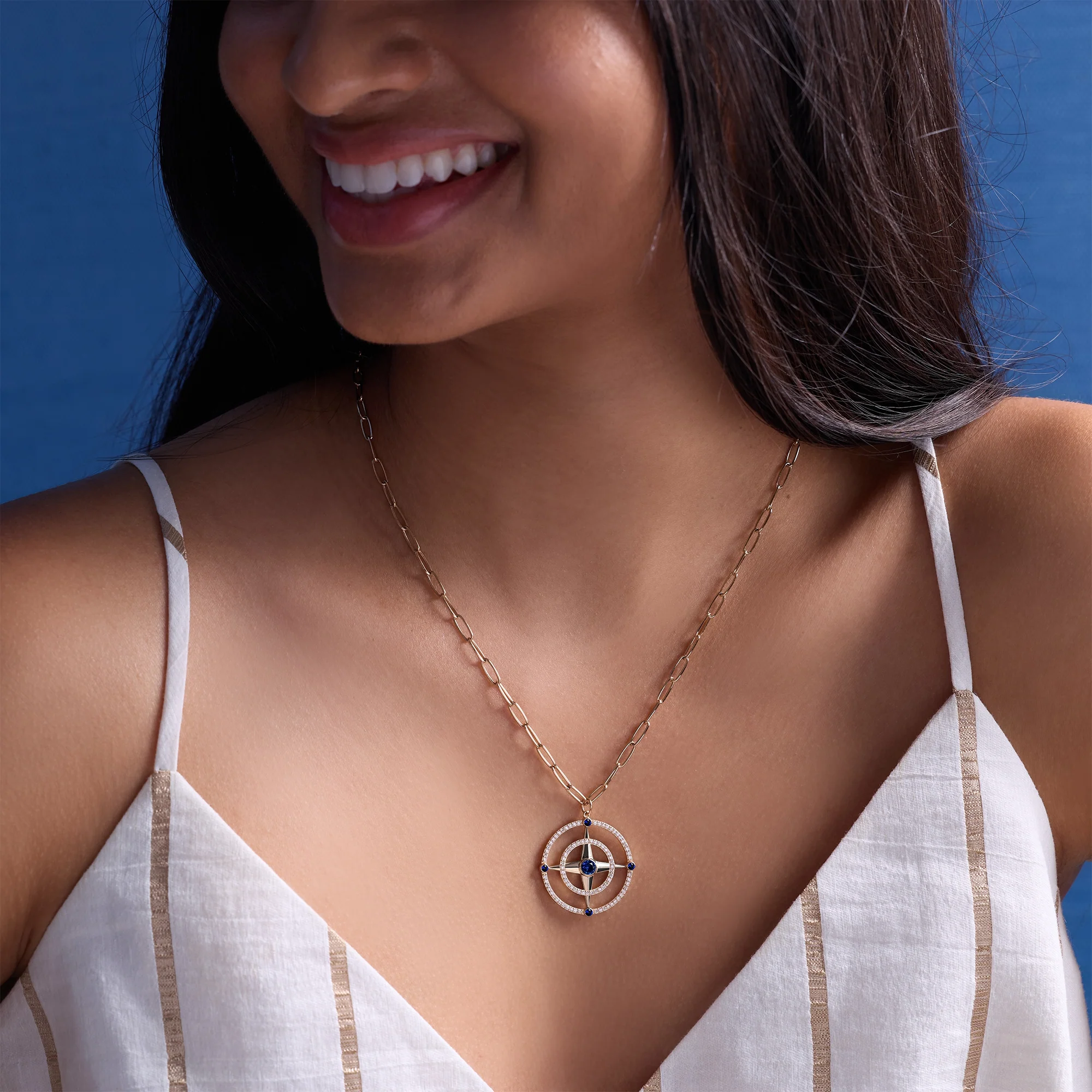 Large Compass Sapphire & Diamond Pendant in 14k Gold (September) - Image 2