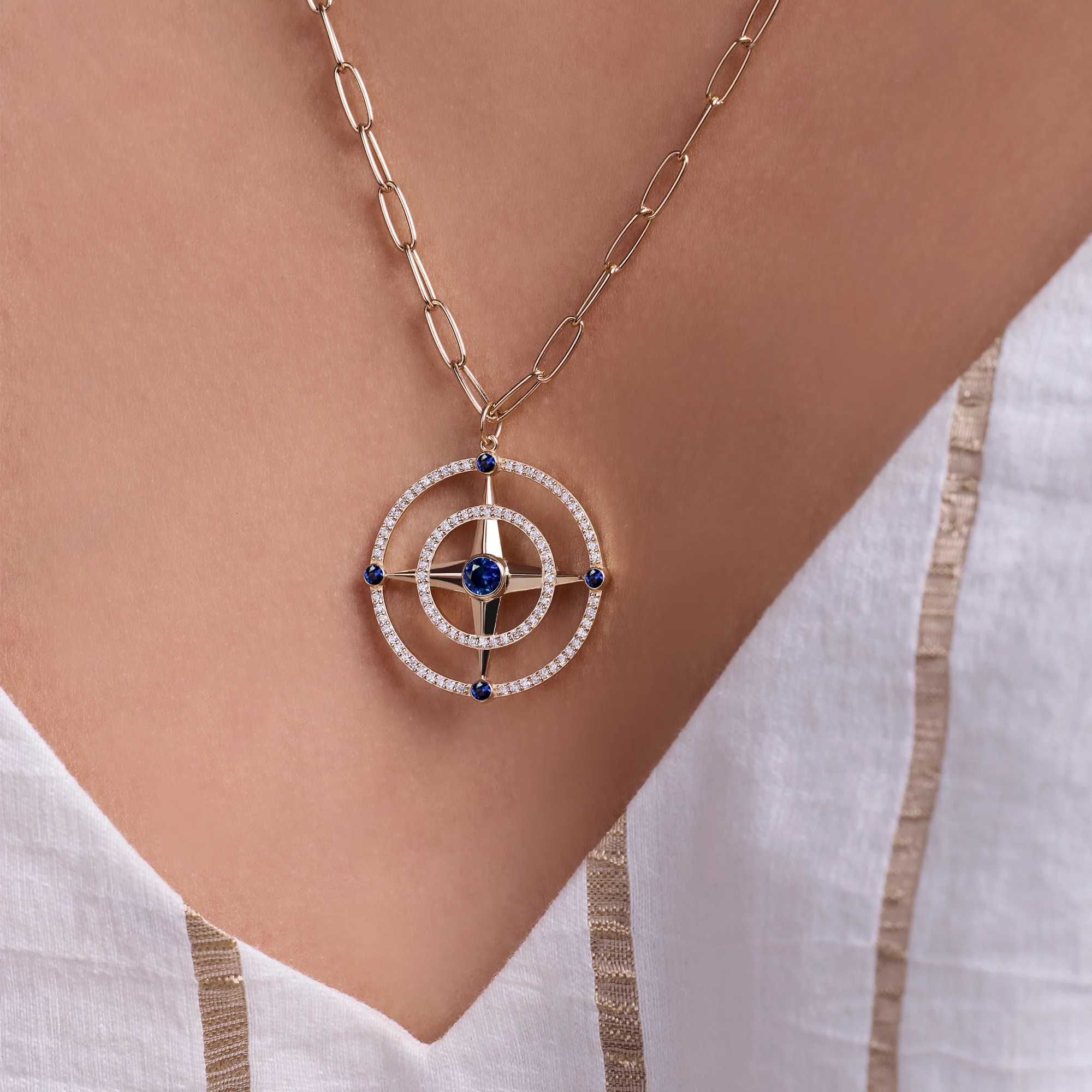 Large Compass Sapphire & Diamond Pendant in 14k Gold (September) - Image 3