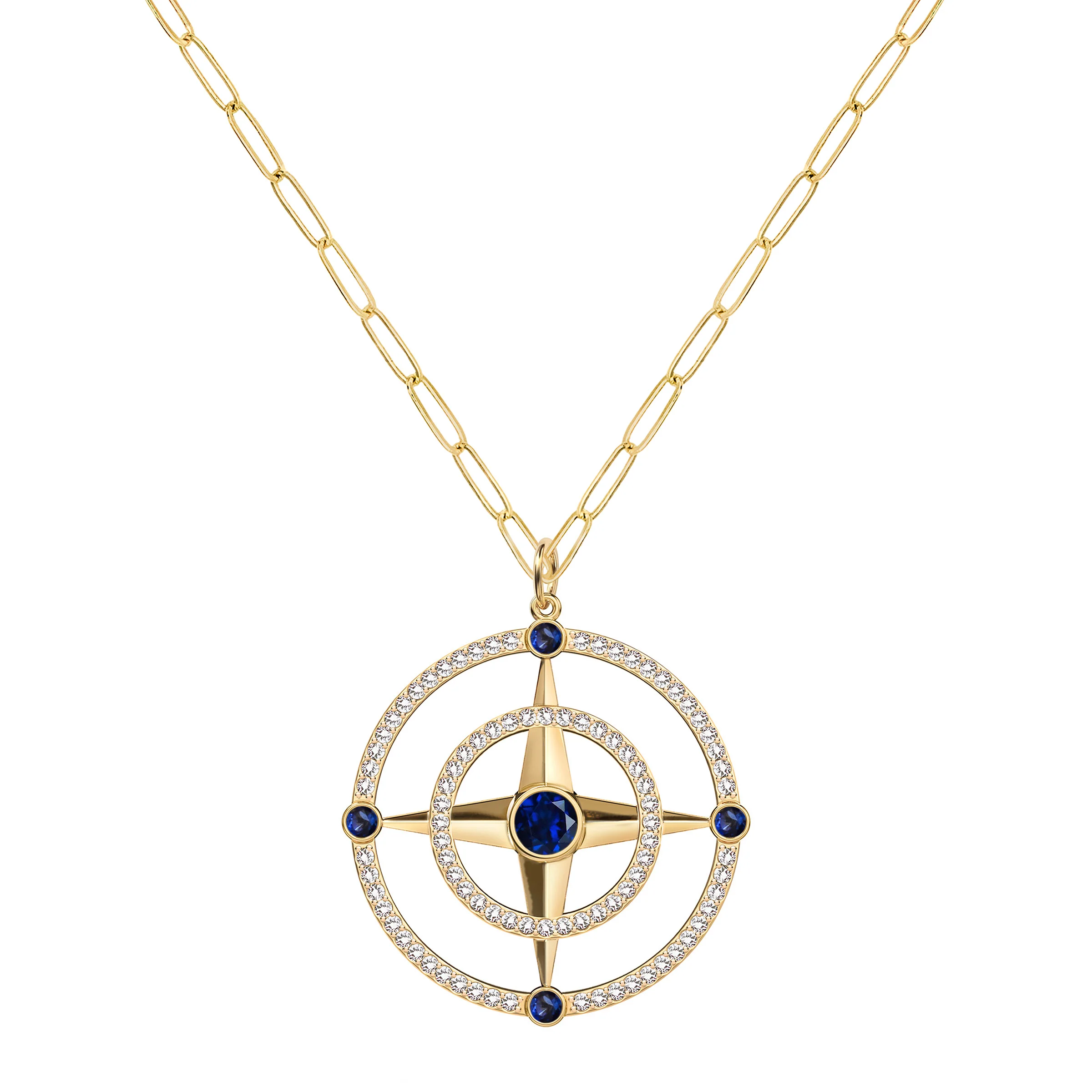 Large Compass Sapphire & Diamond Pendant in 14k Gold (September) - Image 5