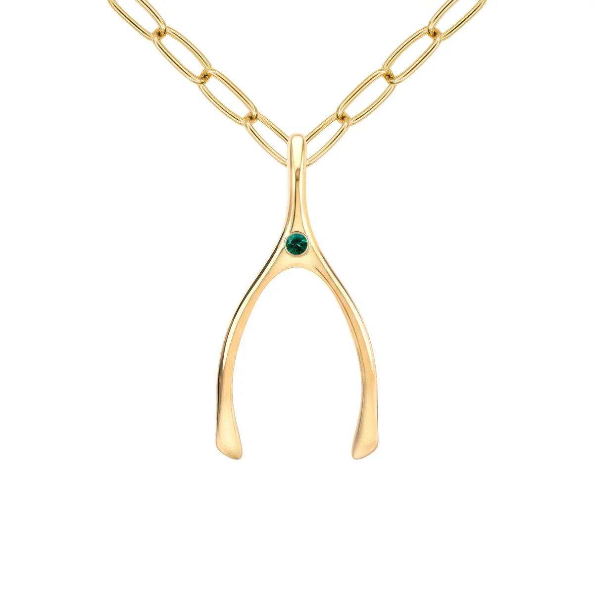 Large Emerald Wishbone Pendant in Solid 14k Gold (May) - Image 10