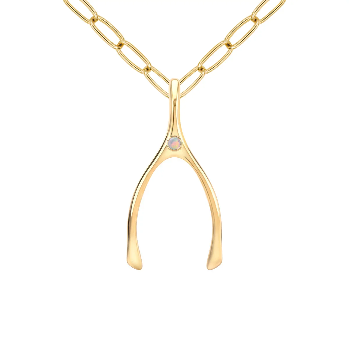 Large Opal Wishbone Pendant in Solid 14k Gold (October) - Image 10