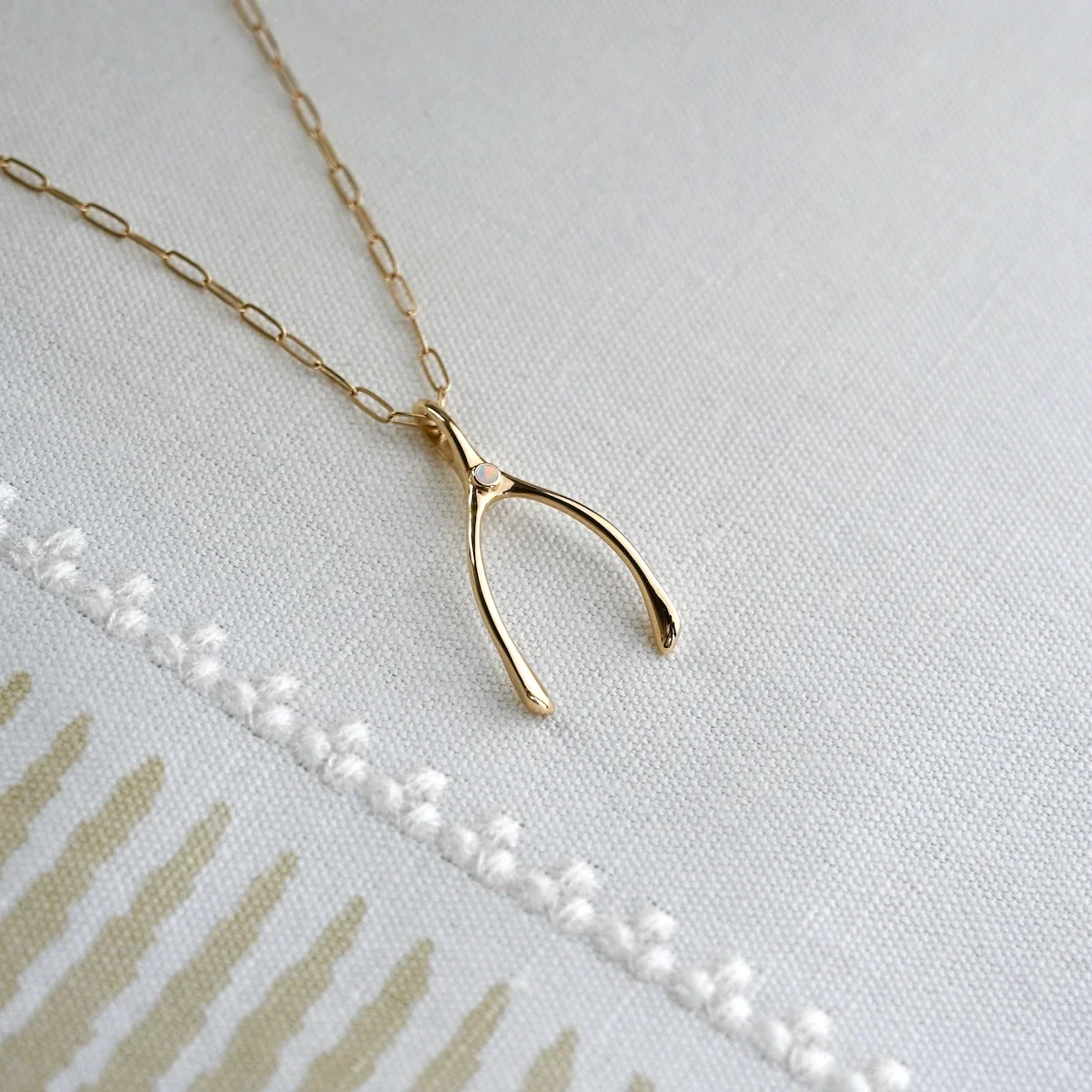 Large Opal Wishbone Pendant in Solid 14k Gold (October) - Image 3