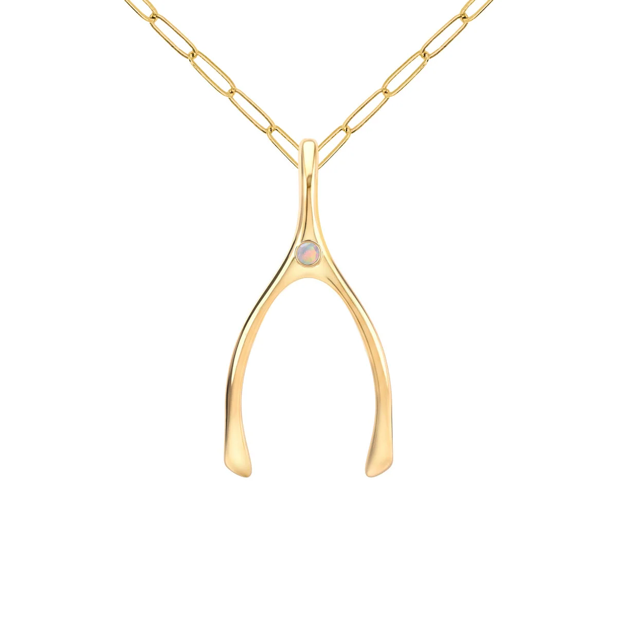 Large Opal Wishbone Pendant in Solid 14k Gold (October) - Image 9