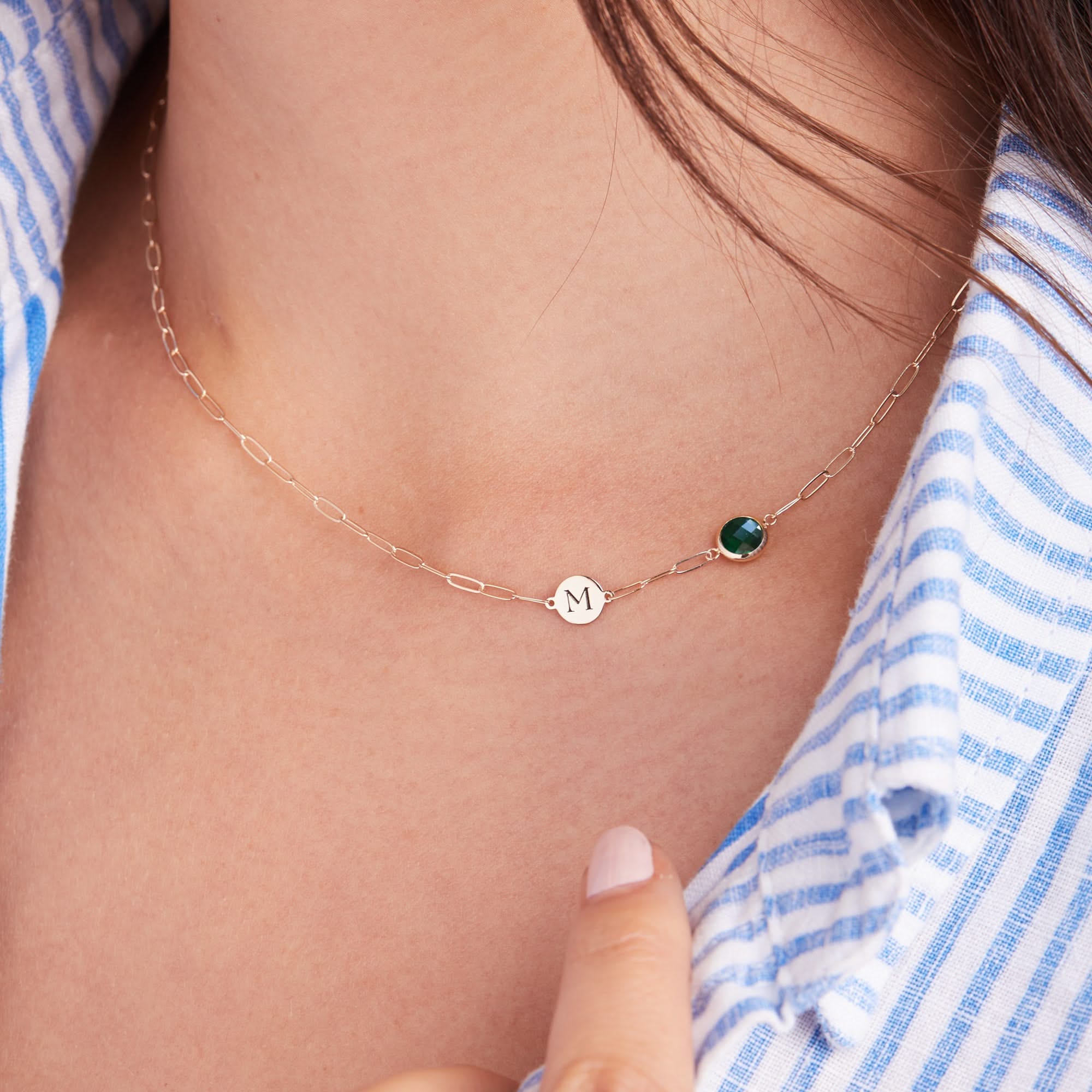 1 Letter & 1 Grand Emerald Adelaide Mini Necklace in 14k Gold (May) - Image 3