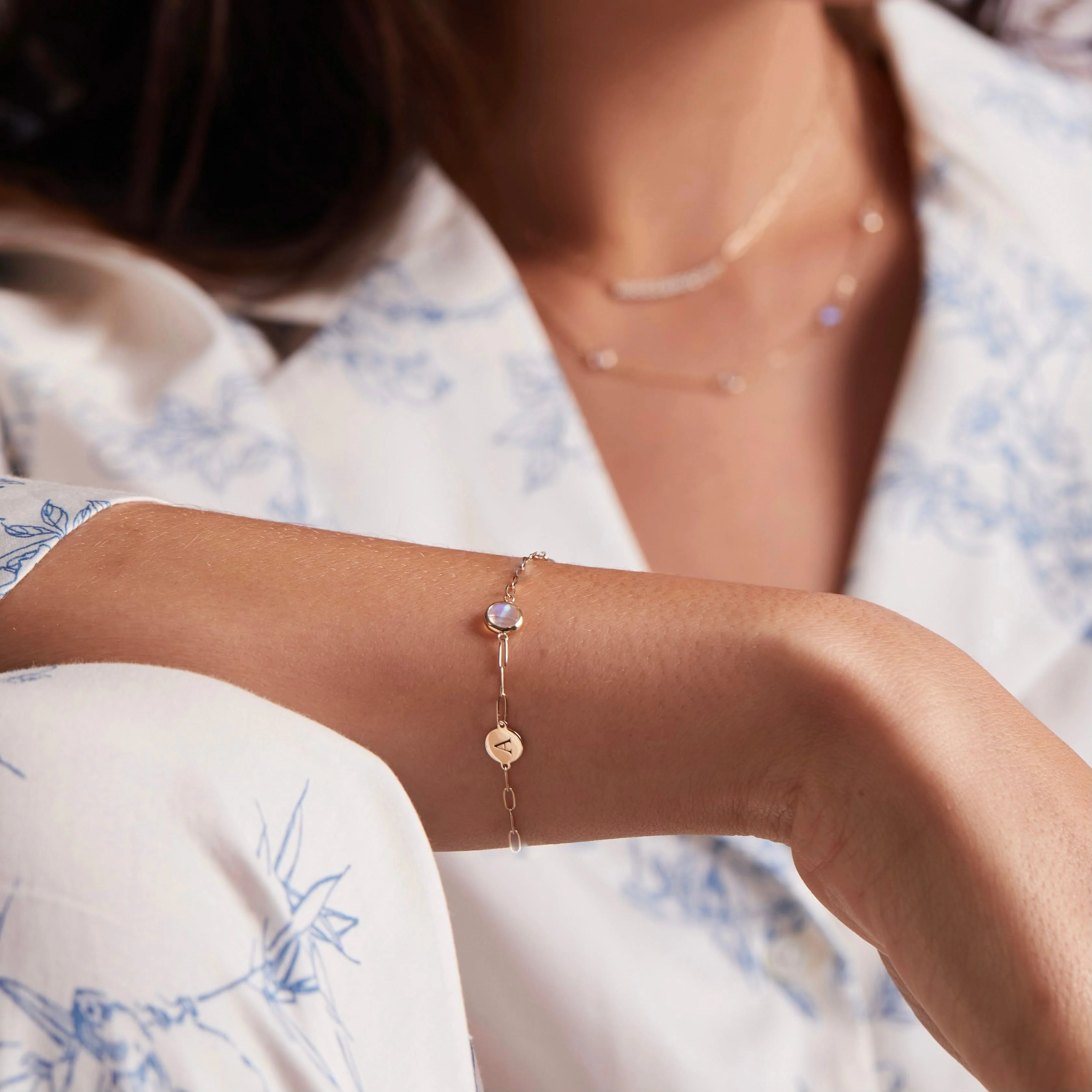 1 Letter & 1 Grand Moonstone Adelaide Mini Bracelet in 14k Gold (June) - Image 3