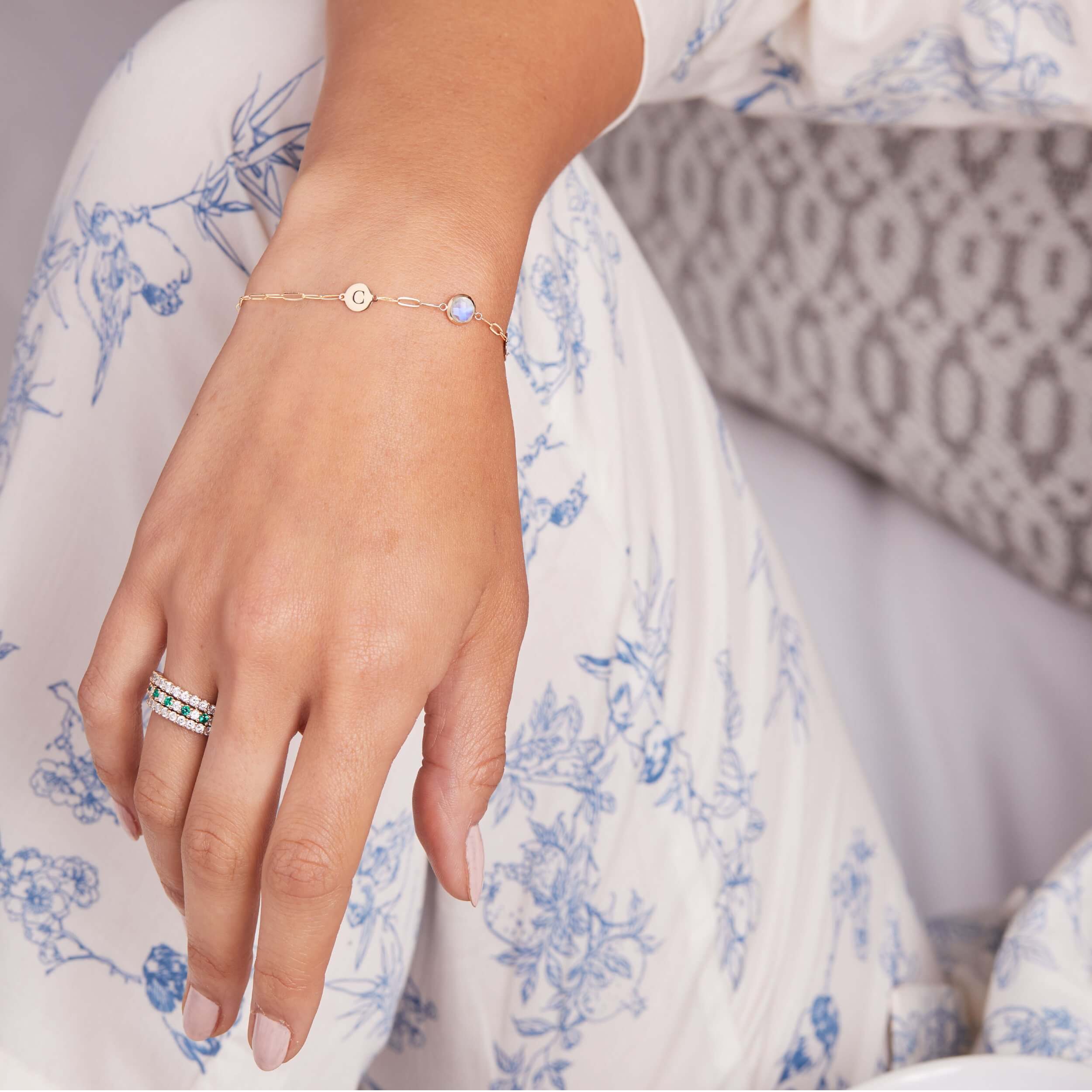 1 Letter & 1 Grand Moonstone Adelaide Mini Bracelet in 14k Gold (June) - Image 5