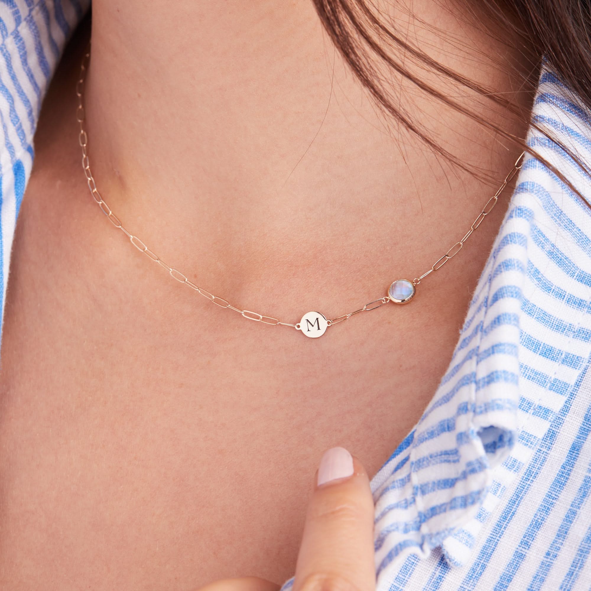 1 Letter & 1 Grand Moonstone Adelaide Mini Necklace in 14k Gold (June) - Image 3