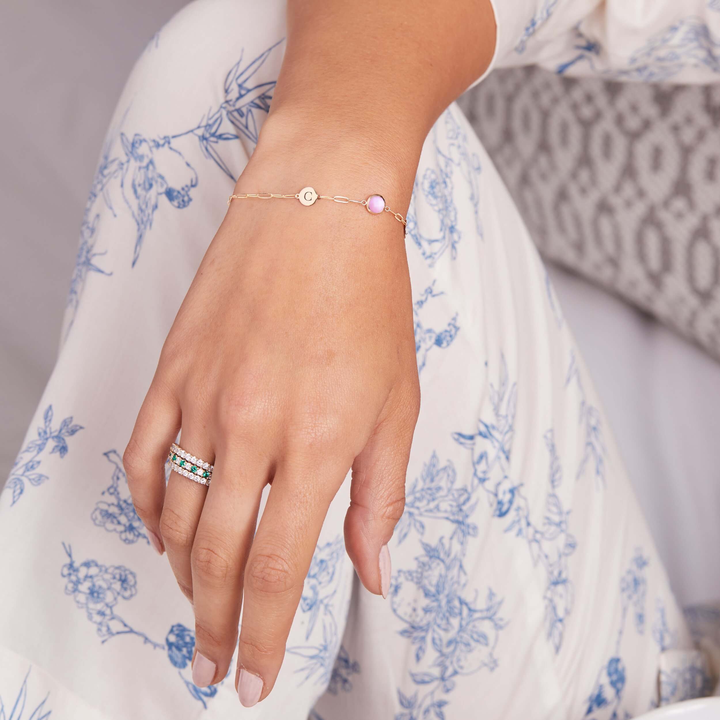 1 Letter & 1 Grand Pink Opal Adelaide Mini Bracelet in 14k Gold (October) - Image 3