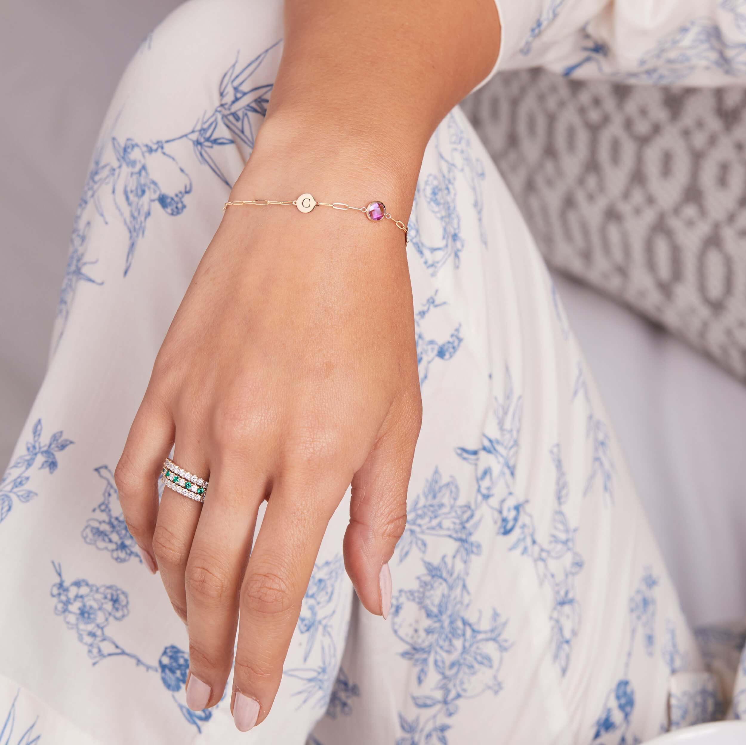1 Letter & 1 Grand Pink Sapphire Adelaide Mini Bracelet in 14k Gold (October) - Image 3