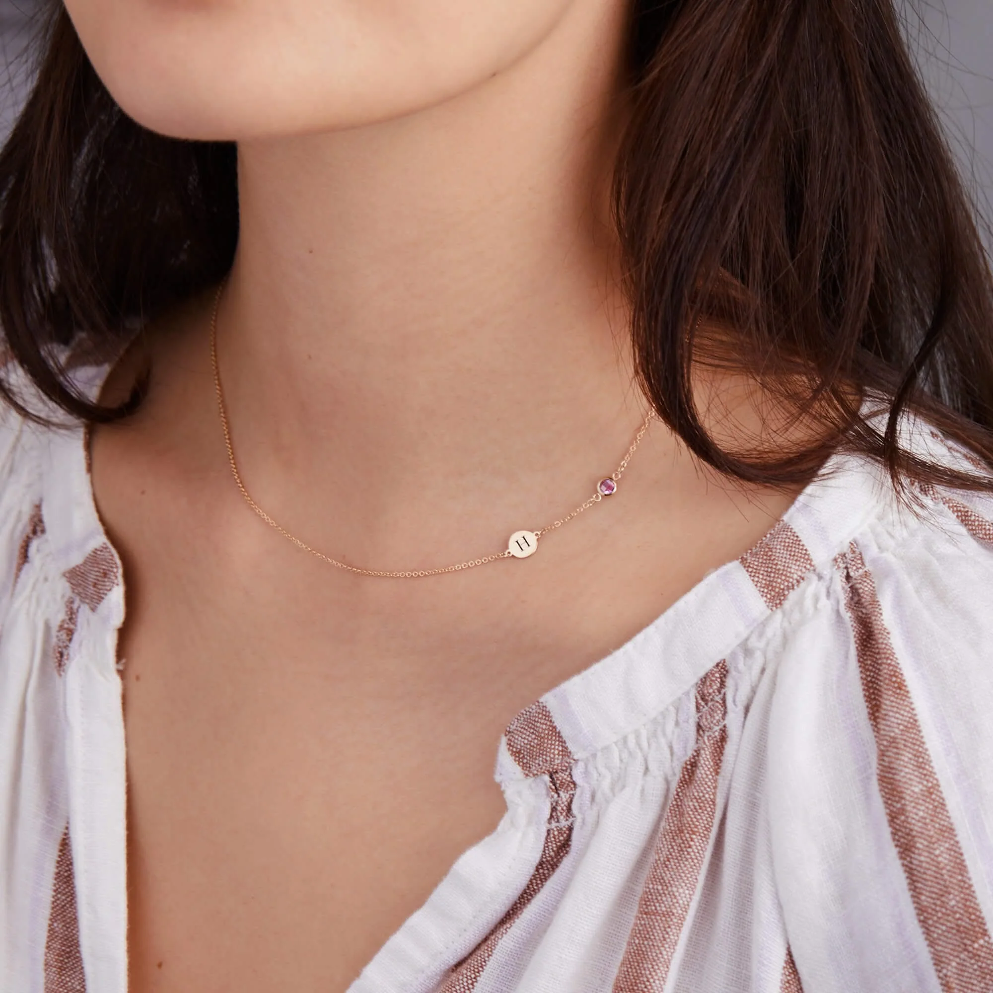 1 Letter & 1 Petite Pink Sapphire Necklace in 14k Gold (October) - Image 8