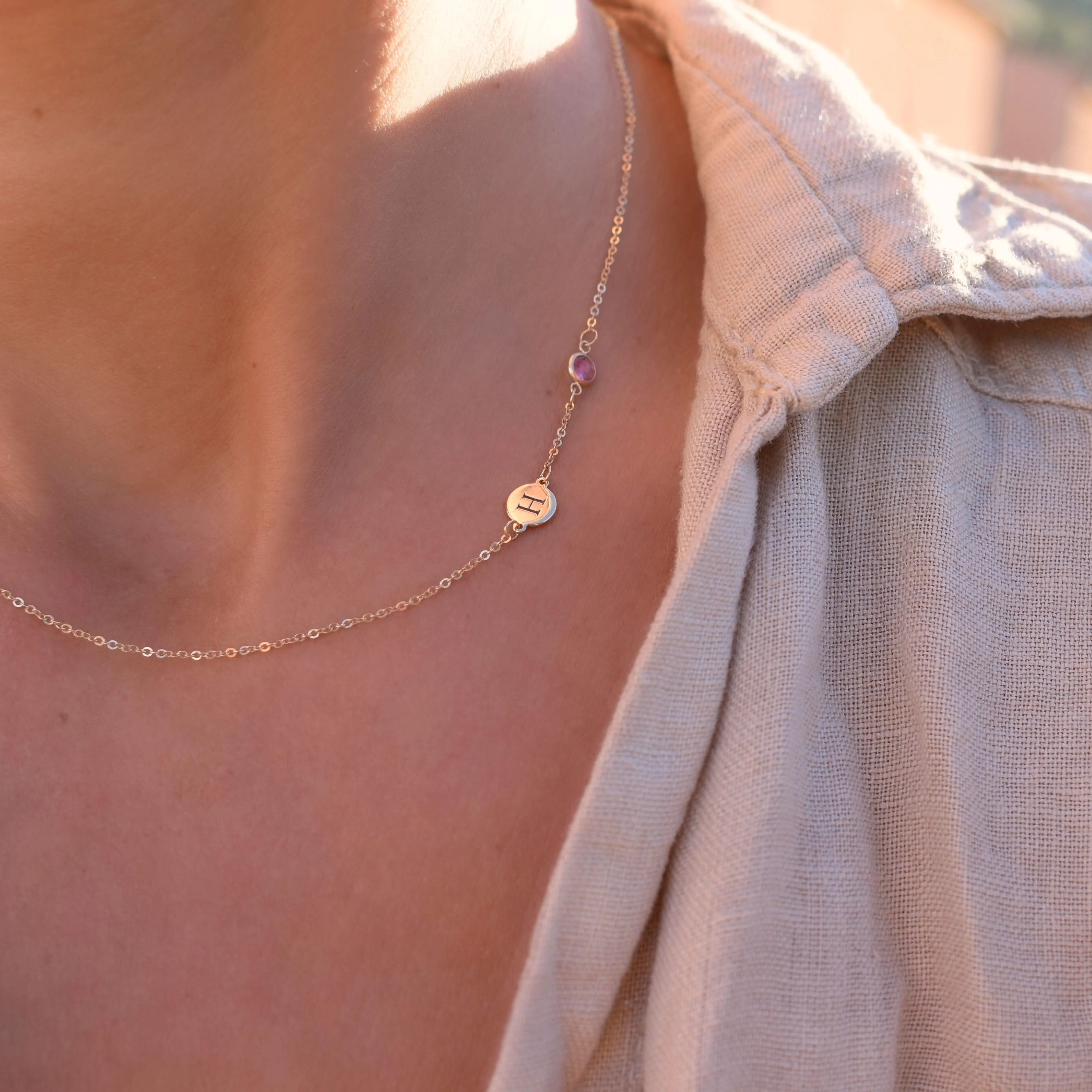 1 Letter & 1 Petite Pink Sapphire Necklace in 14k Gold (October) - Image 9