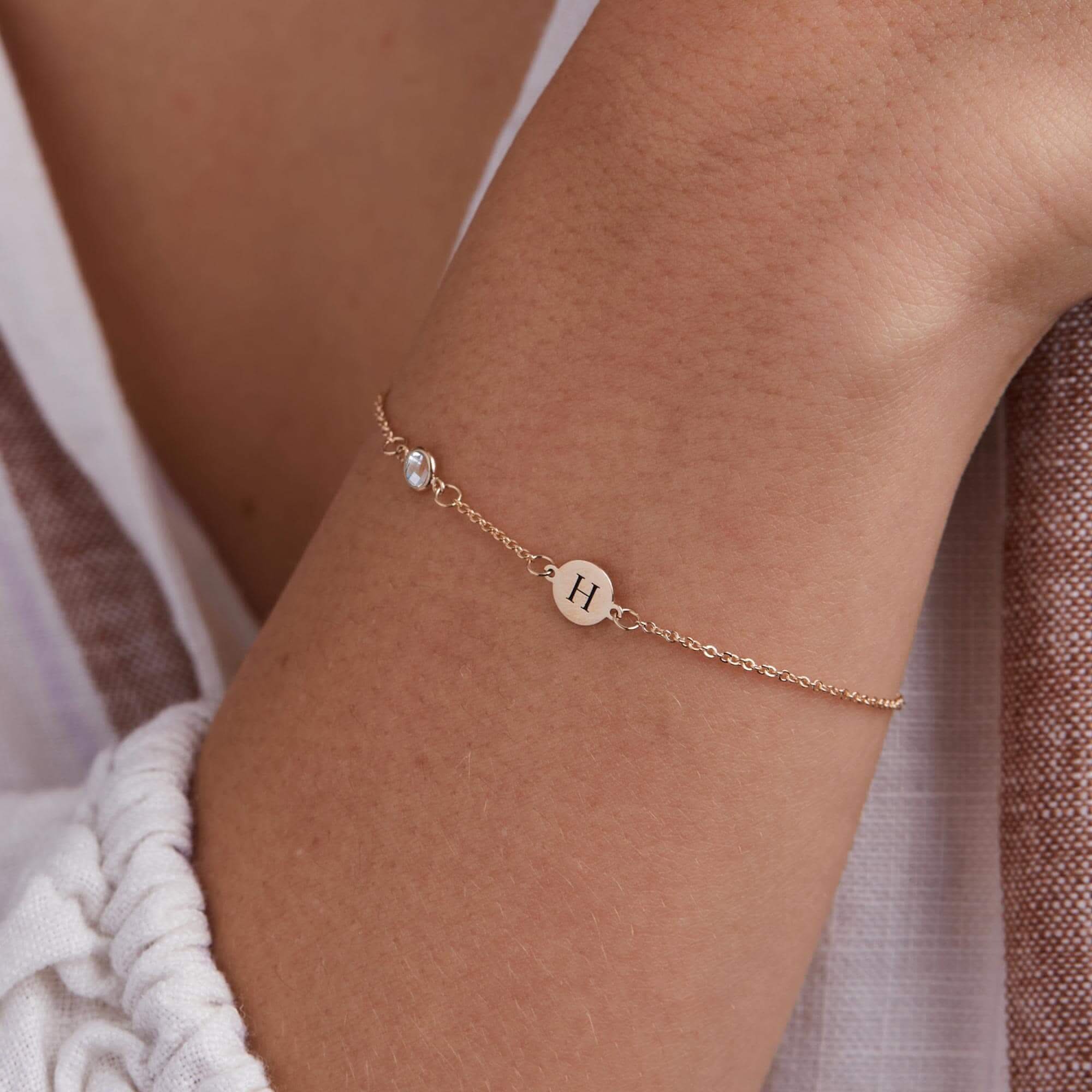 1 Letter & 1 Petite White Topaz Bracelet in 14k Gold (April) - Image 3