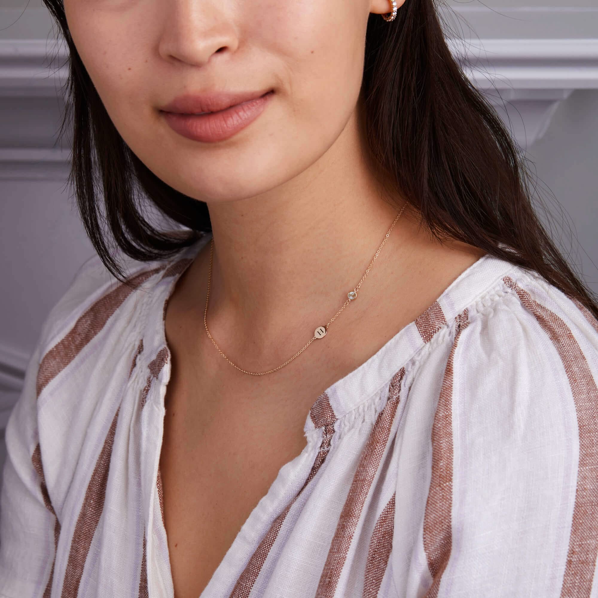 1 Letter & 1 Petite White Topaz Necklace in 14k Gold (April) - Image 2