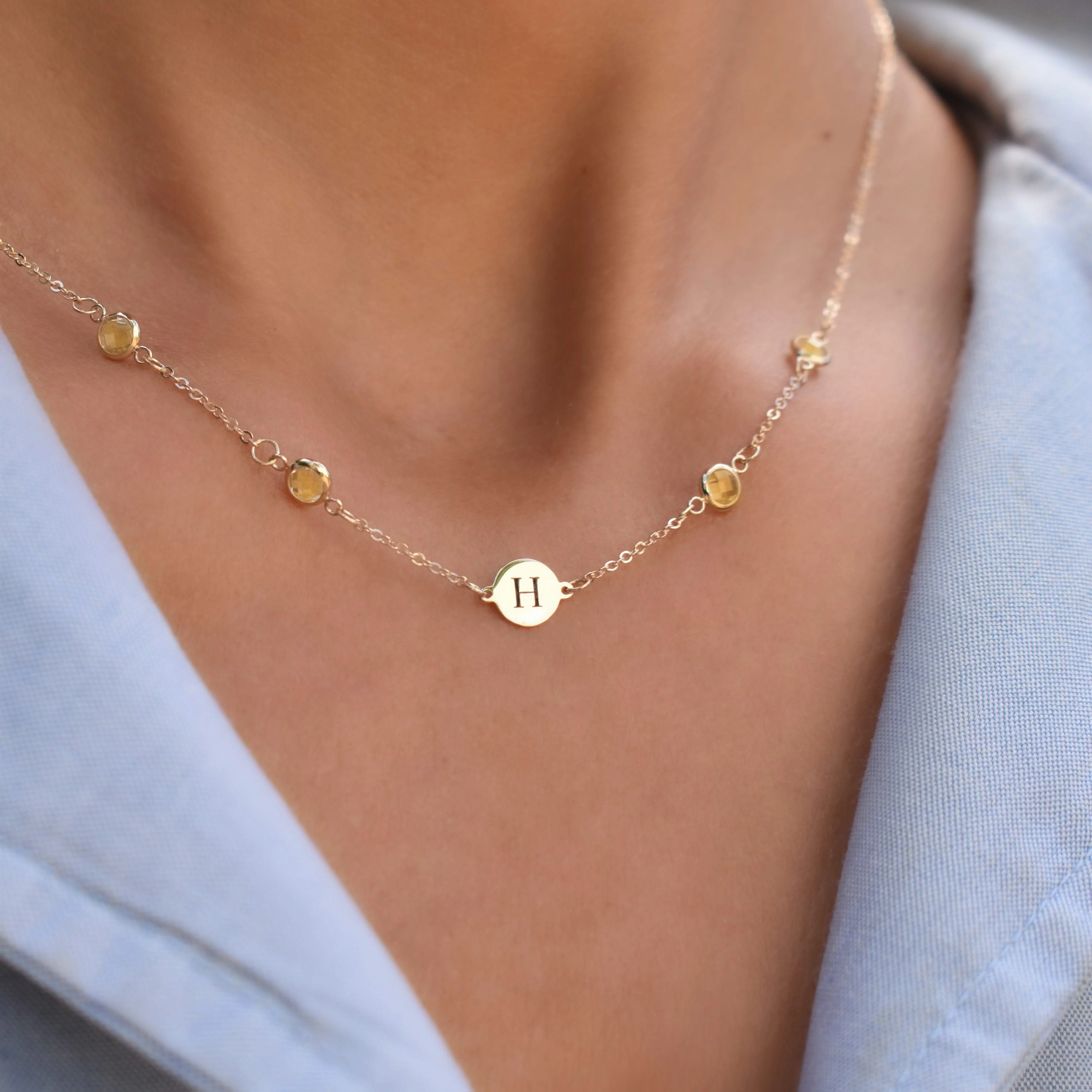 1 Letter & 4 Petite Citrine Necklace in 14k Gold (November) - Image 7
