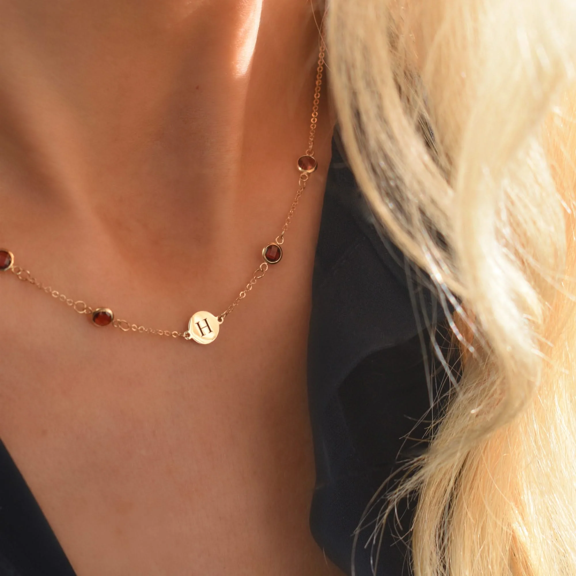 1 Letter & 4 Petite Garnet Necklace in 14k Gold (January) - Image 9