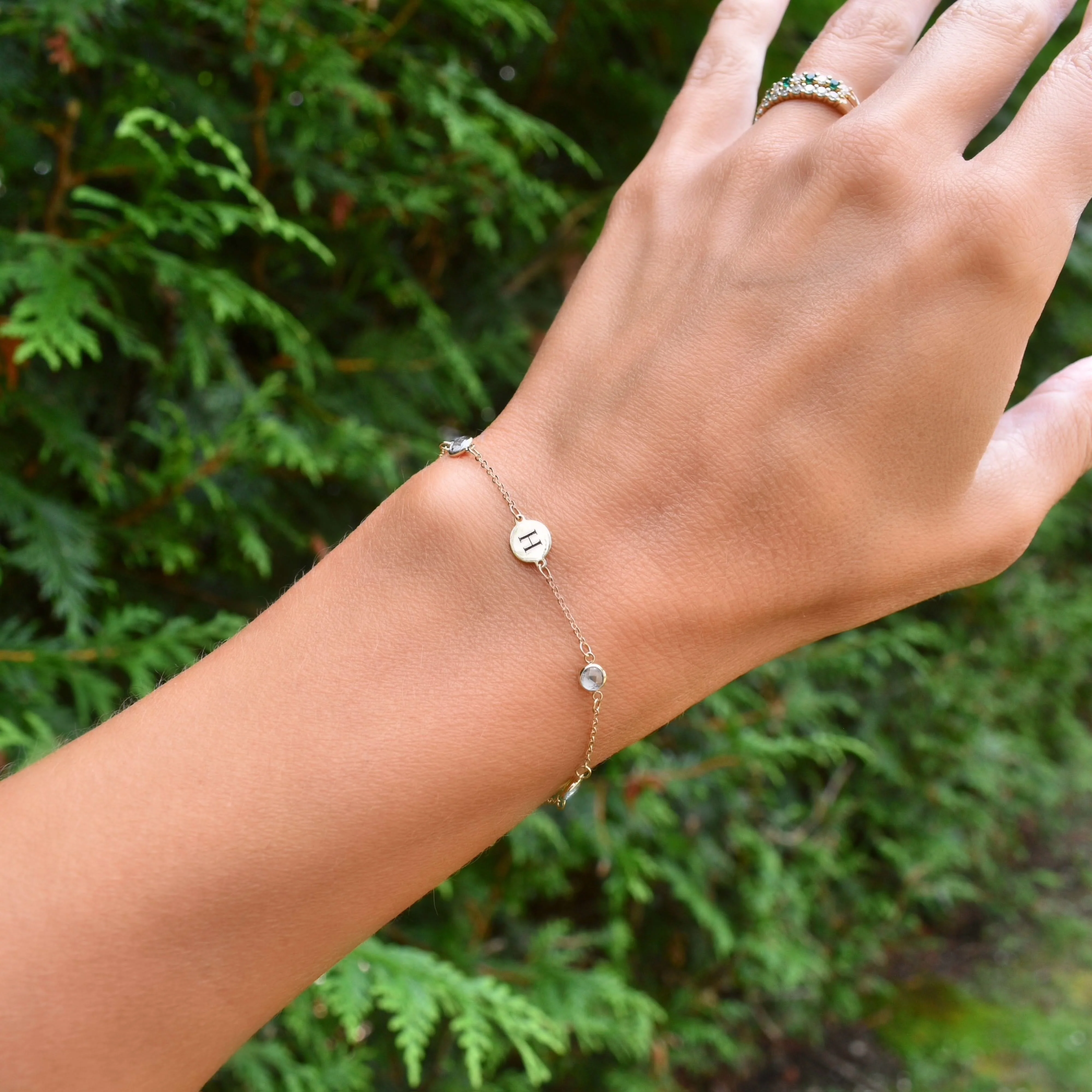 1 Letter & 4 Petite White Topaz Bracelet in 14k Gold (April) - Image 5