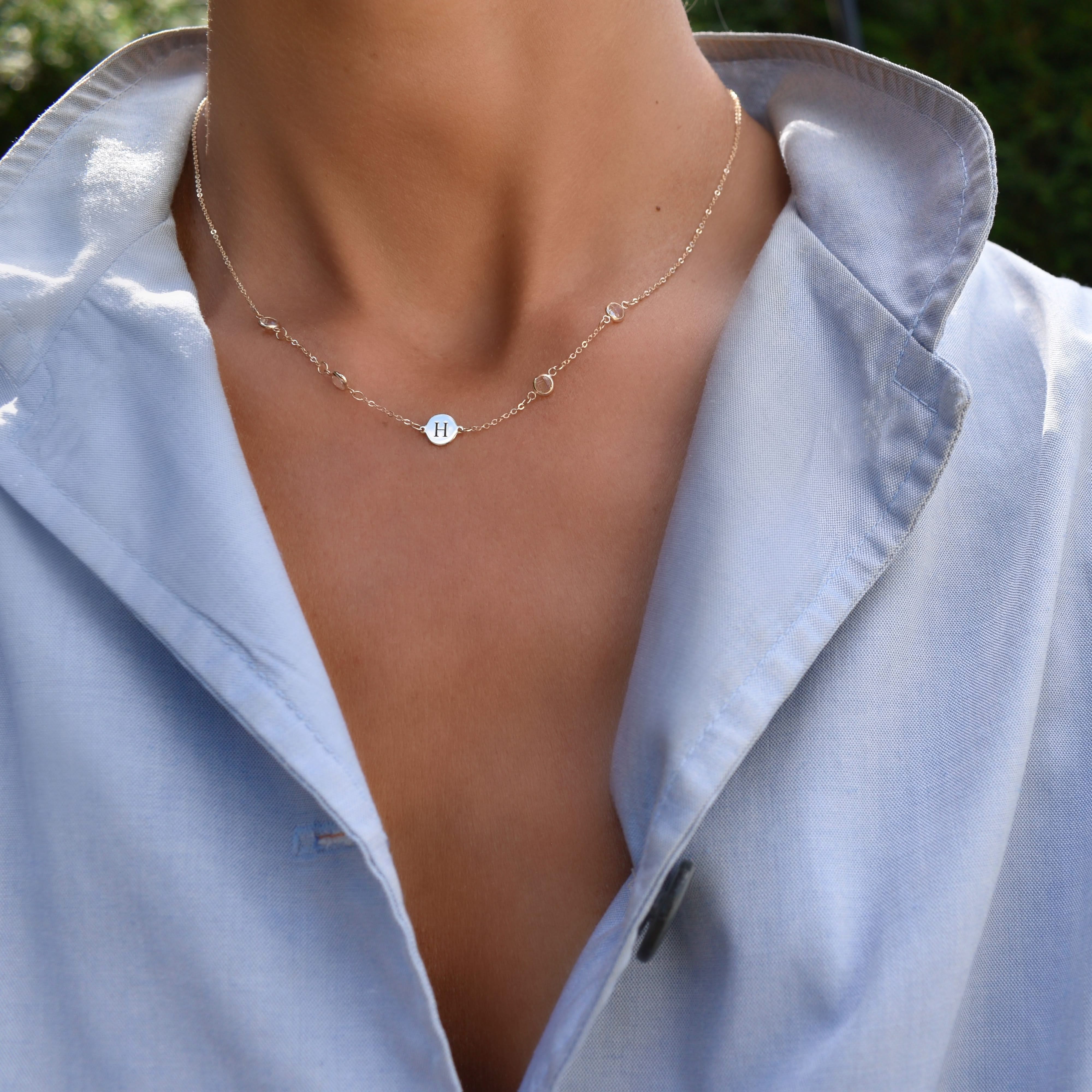 1 Letter & 4 Petite White Topaz Necklace in 14k Gold (April) - Image 7