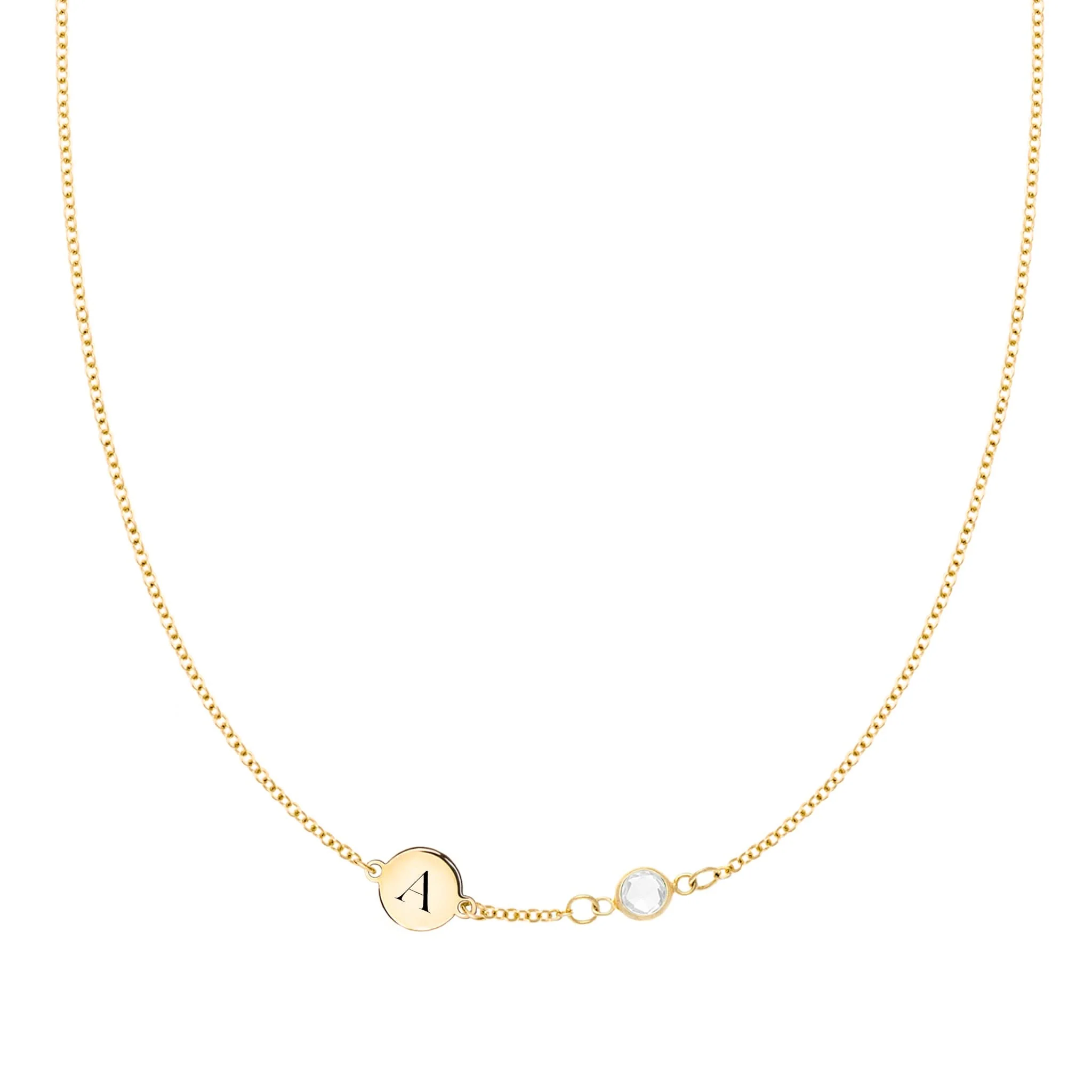 1 Letter & 1 Petite Birthstone Necklace in 14k Gold (Single Spacing)