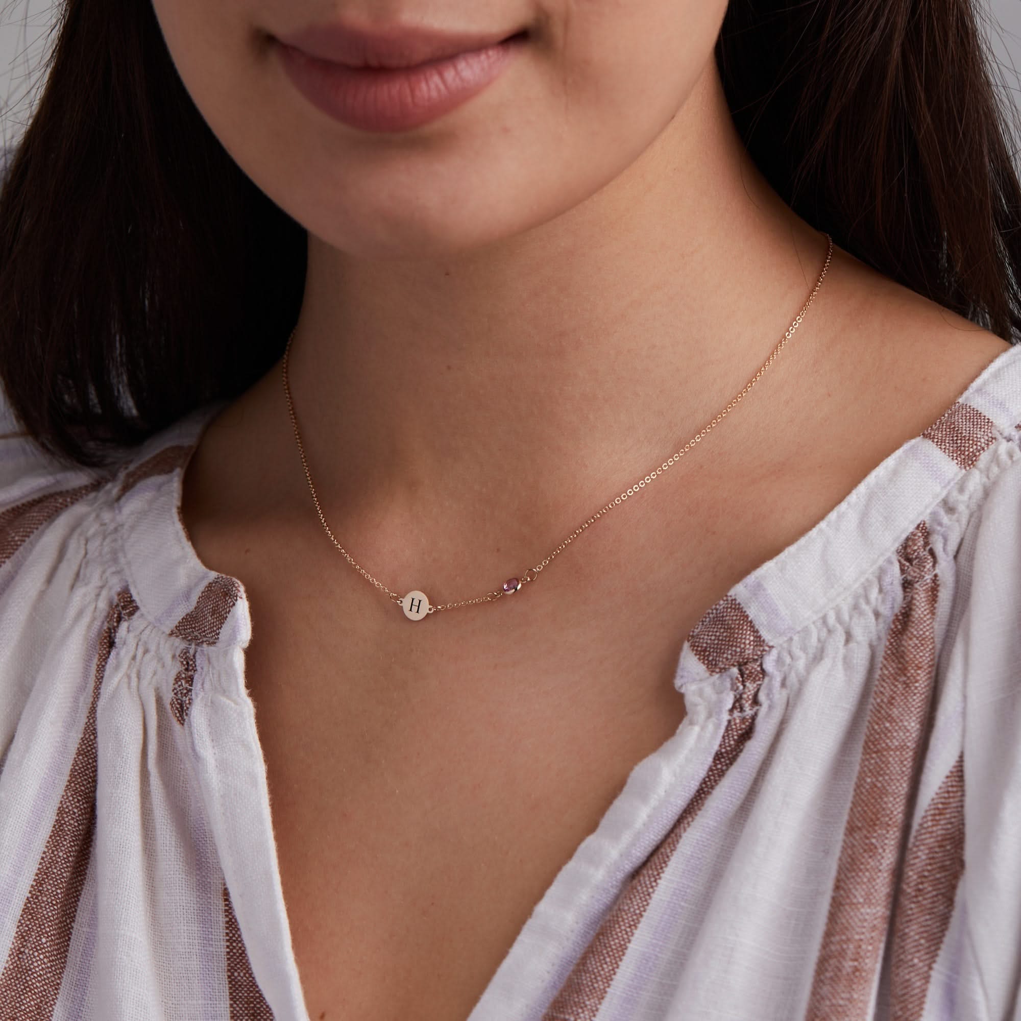 1 Letter & 1 Petite Birthstone Necklace in 14k Gold (Single Spacing) - Image 2
