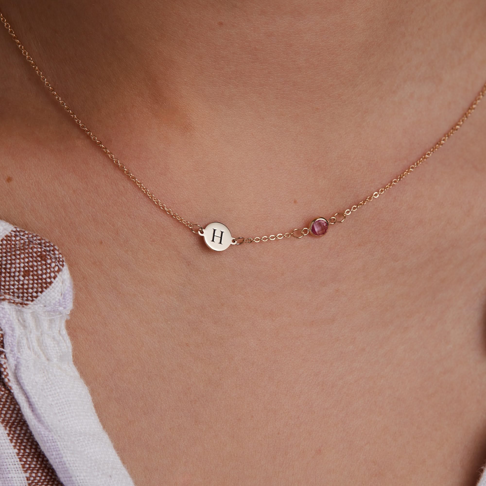 1 Letter & 1 Petite Birthstone Necklace in 14k Gold (Single Spacing) - Image 3