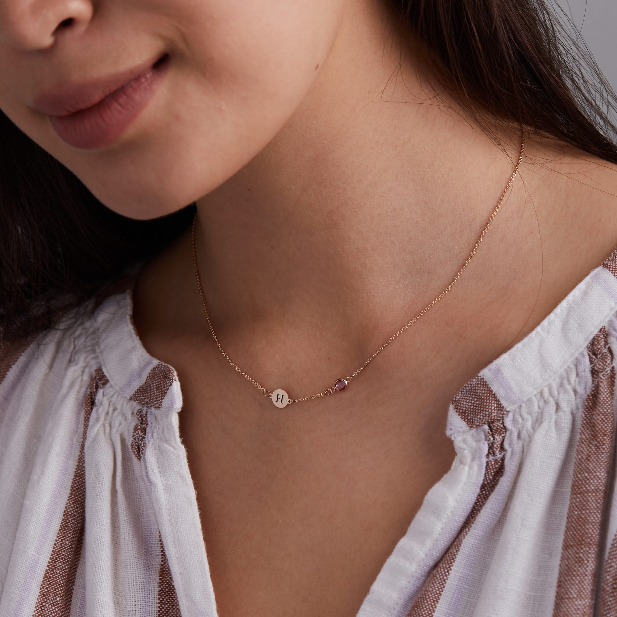 1 Letter & 1 Petite Birthstone Necklace in 14k Gold (Single Spacing) - Image 6