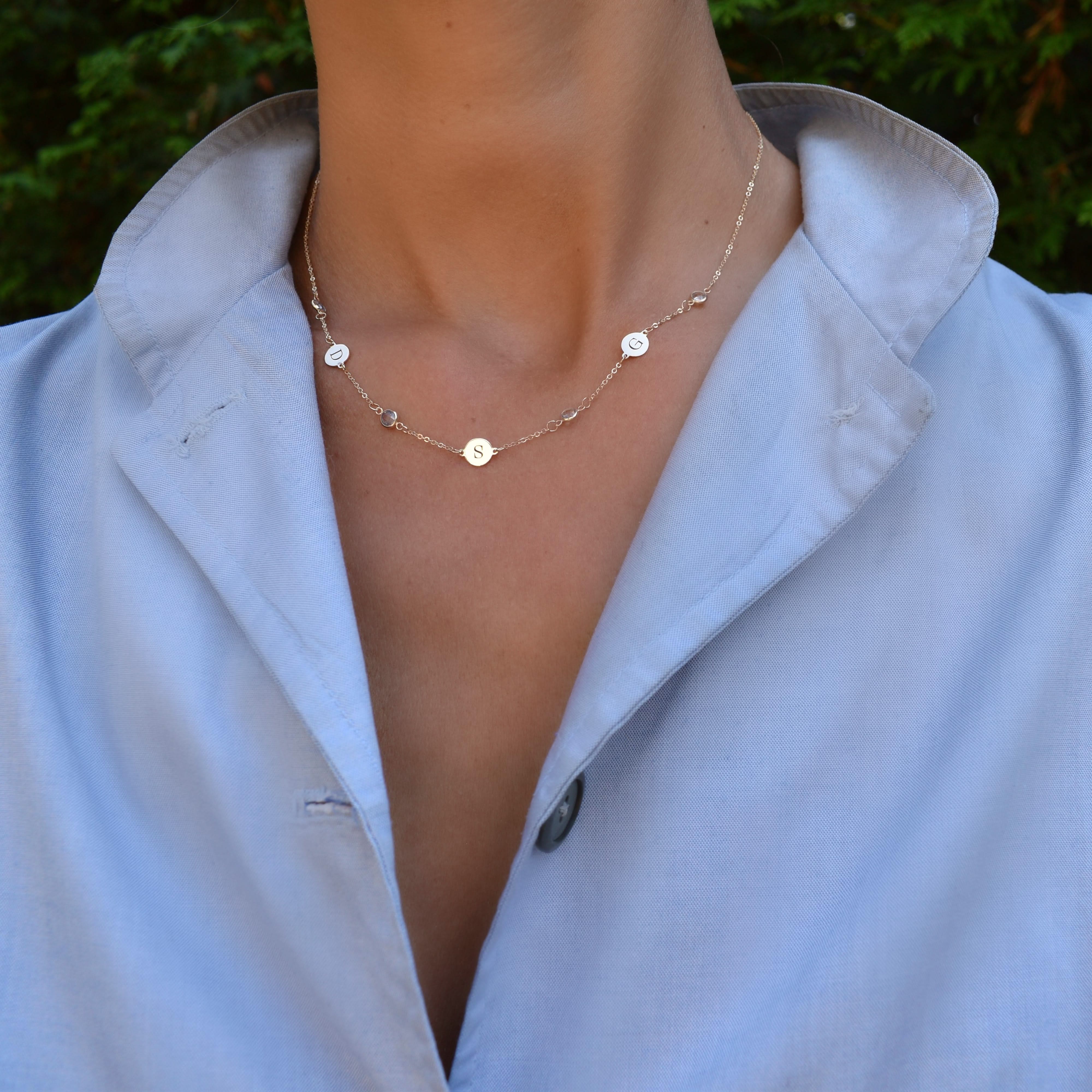 3 Letter & 4 Petite Birthstone Necklace in 14k Gold (Double Spacing) - Image 2
