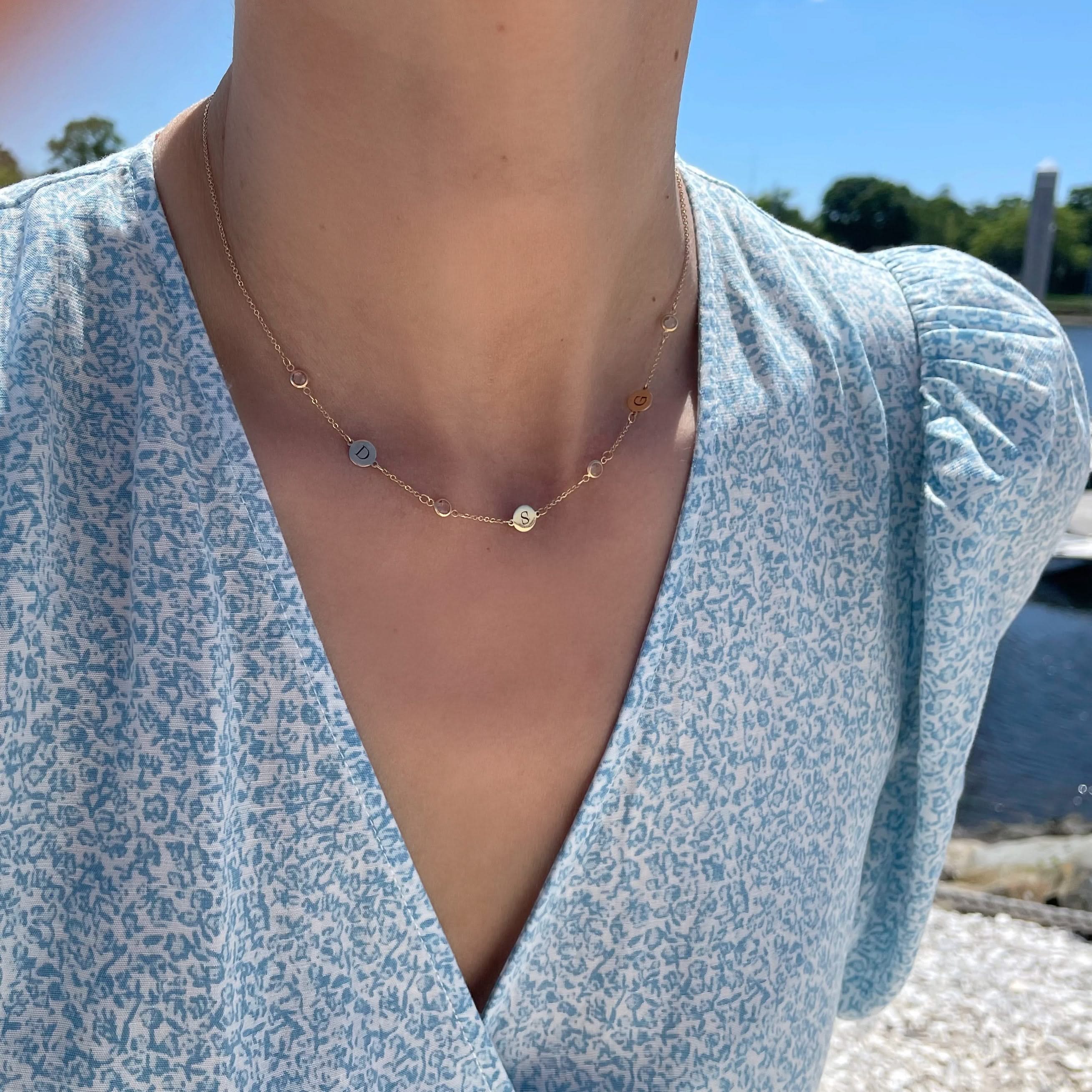 3 Letter & 4 Petite Birthstone Necklace in 14k Gold (Double Spacing) - Image 8